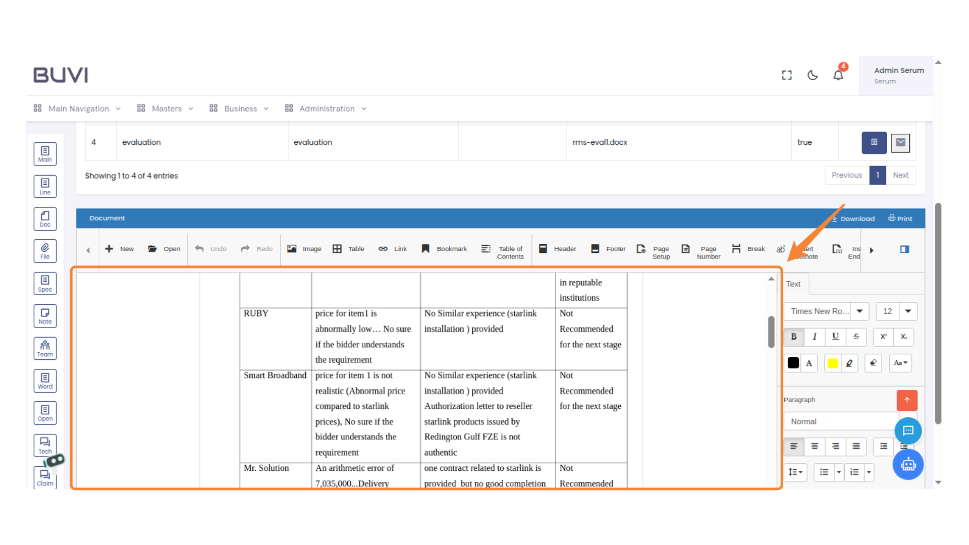 Bid Evaluation Table