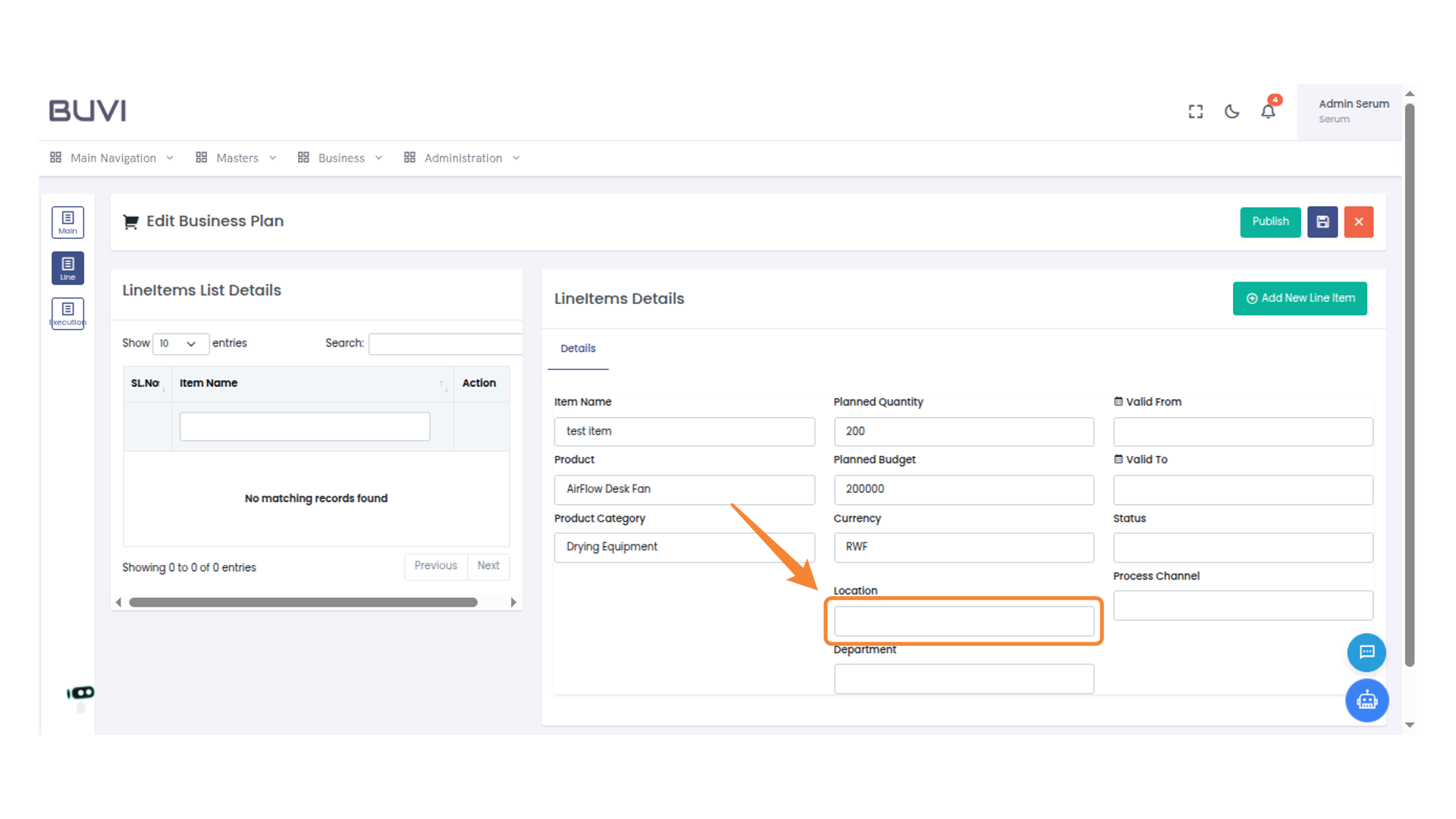 Input Location for Line Item