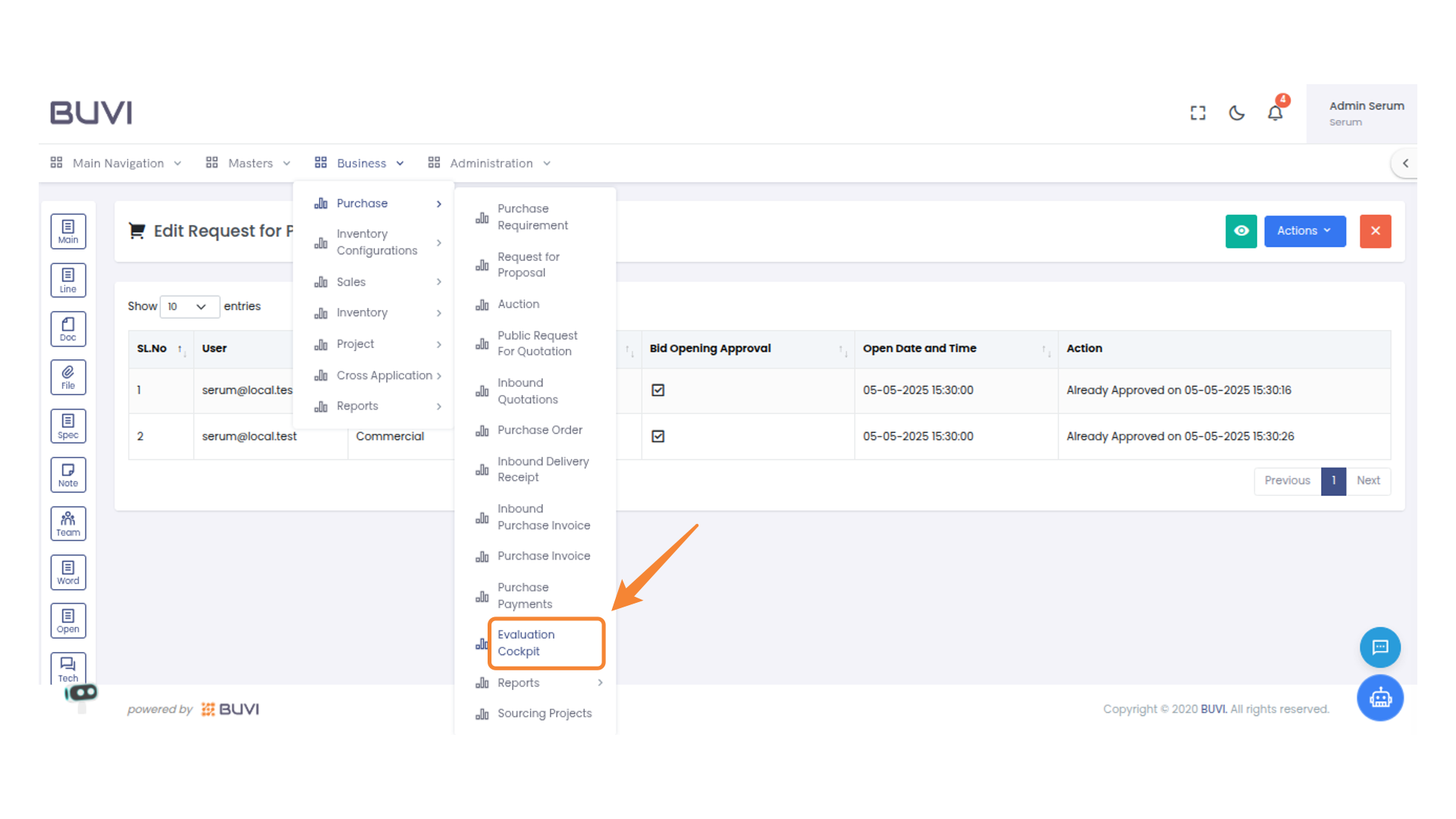 Evaluation Cockpit Menu Option