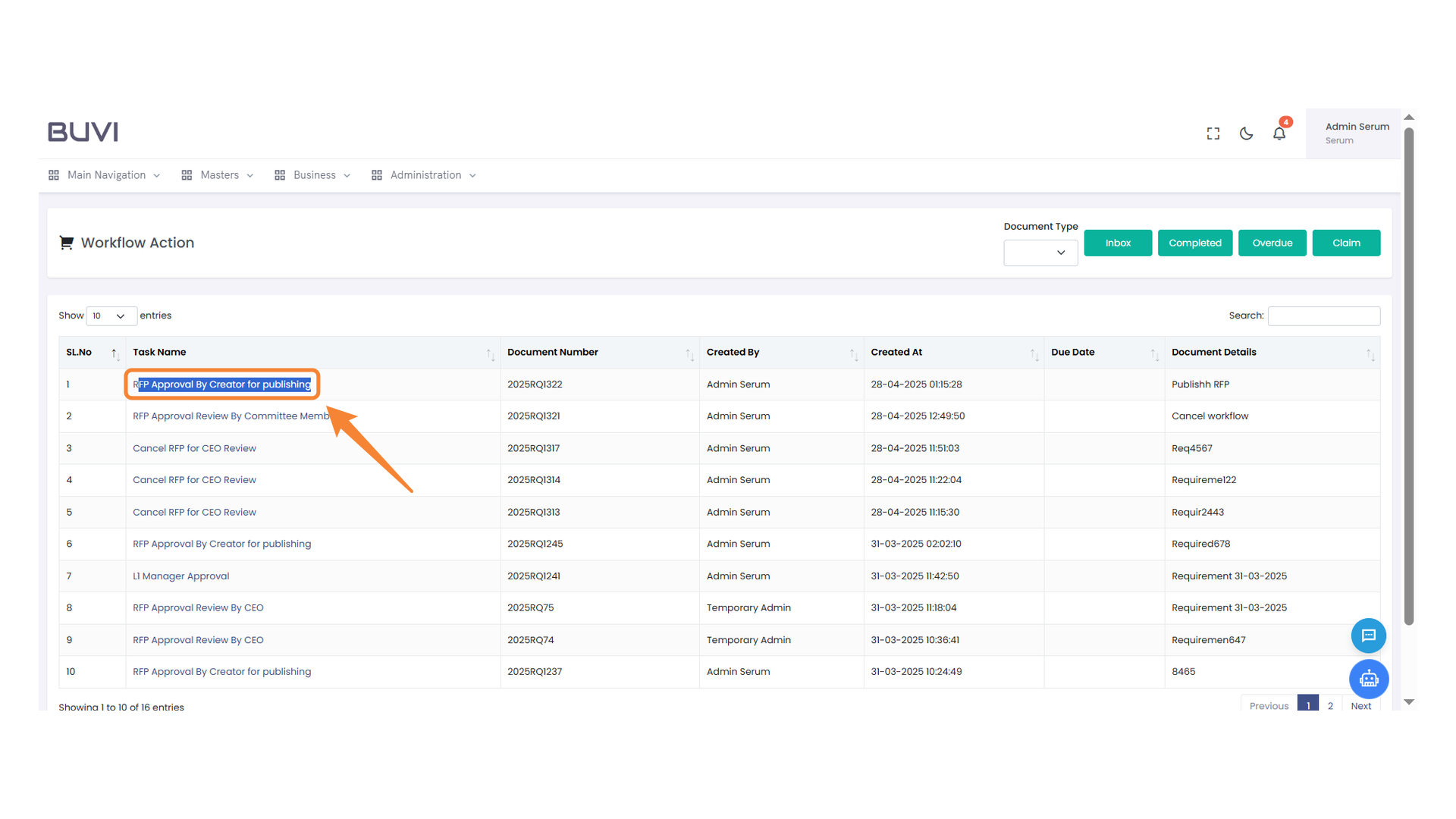 RFP Approval Task Highlighted
