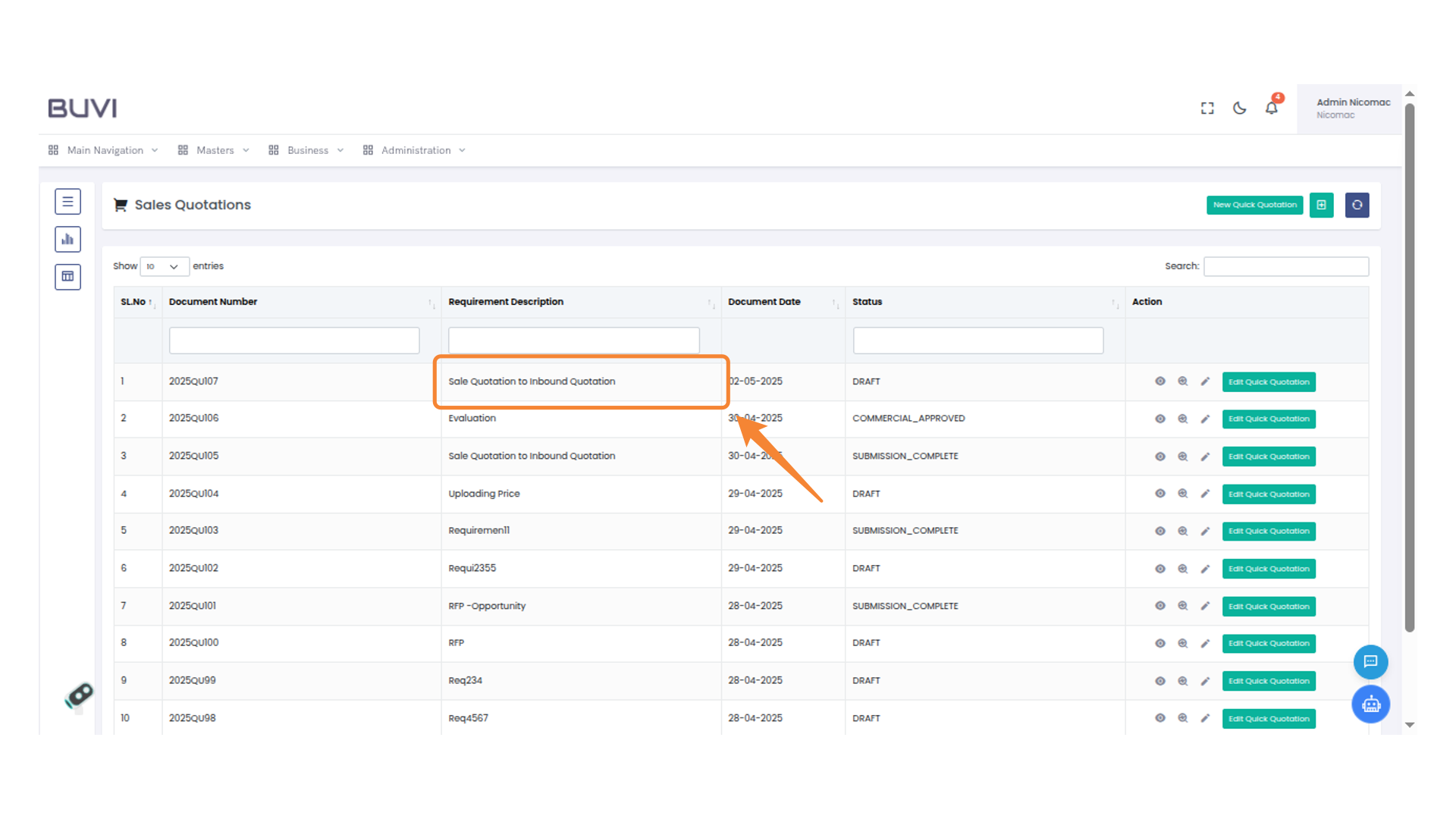Highlighted Quotation in Sales List
