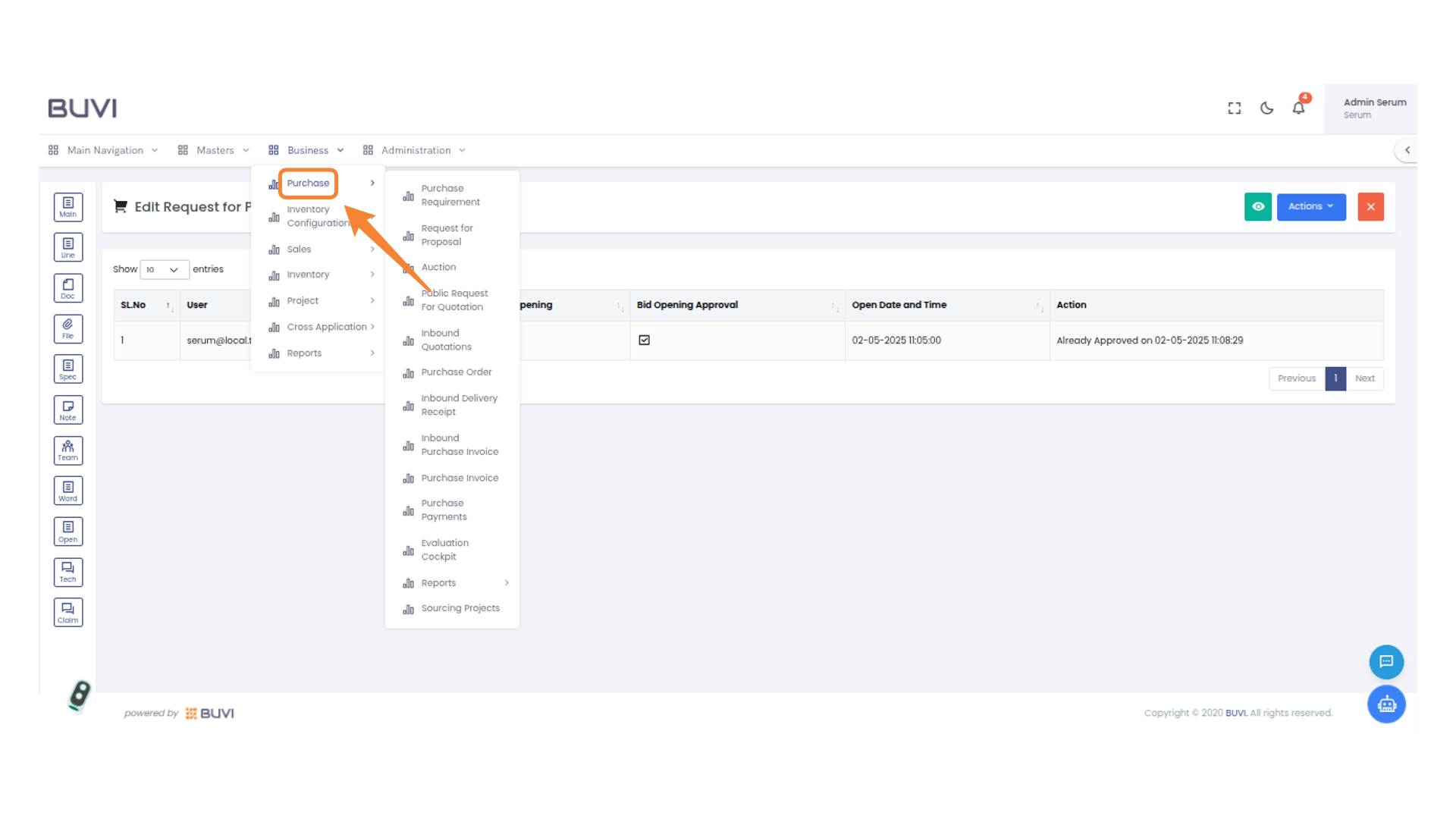 Purchase Menu Highlighted
