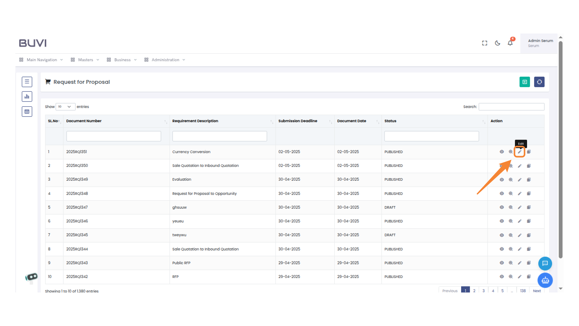 Edit Icon in the Action Column