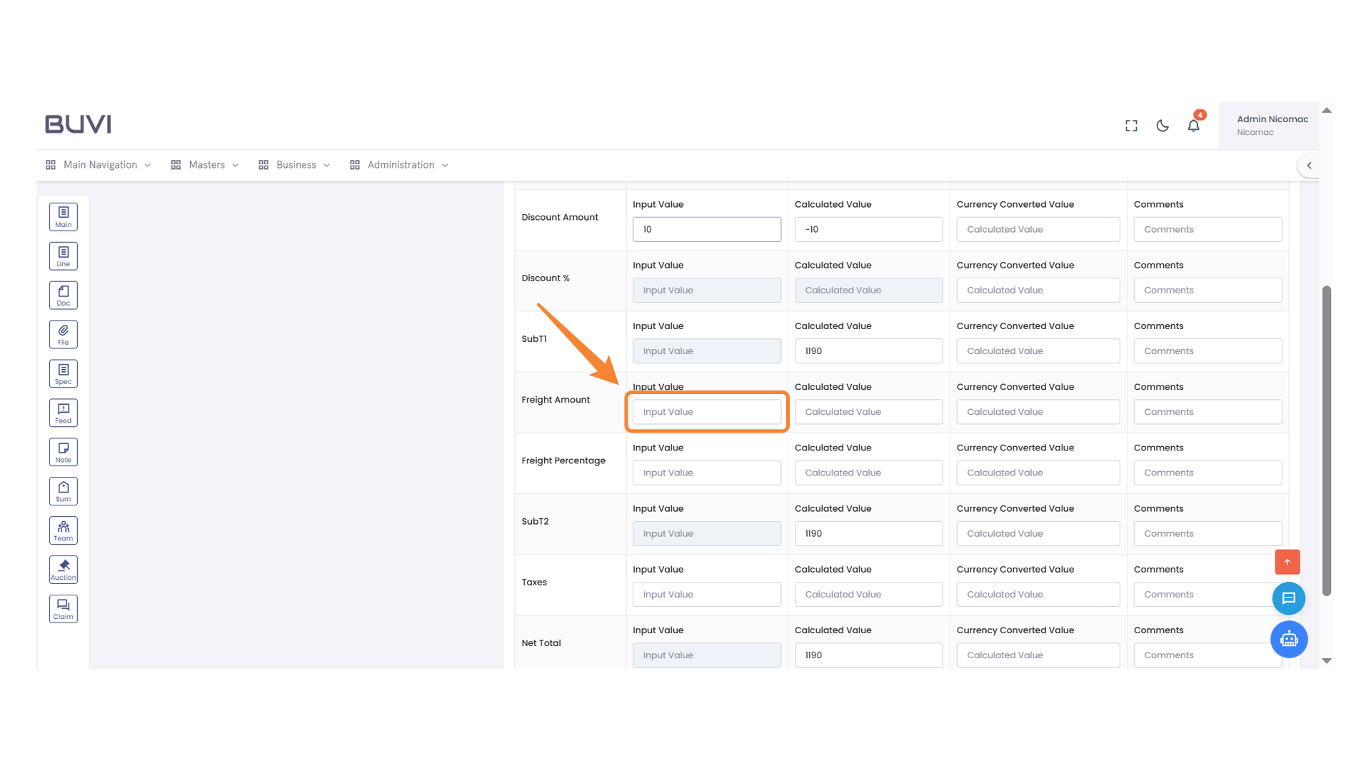 Freight Amount Input Section