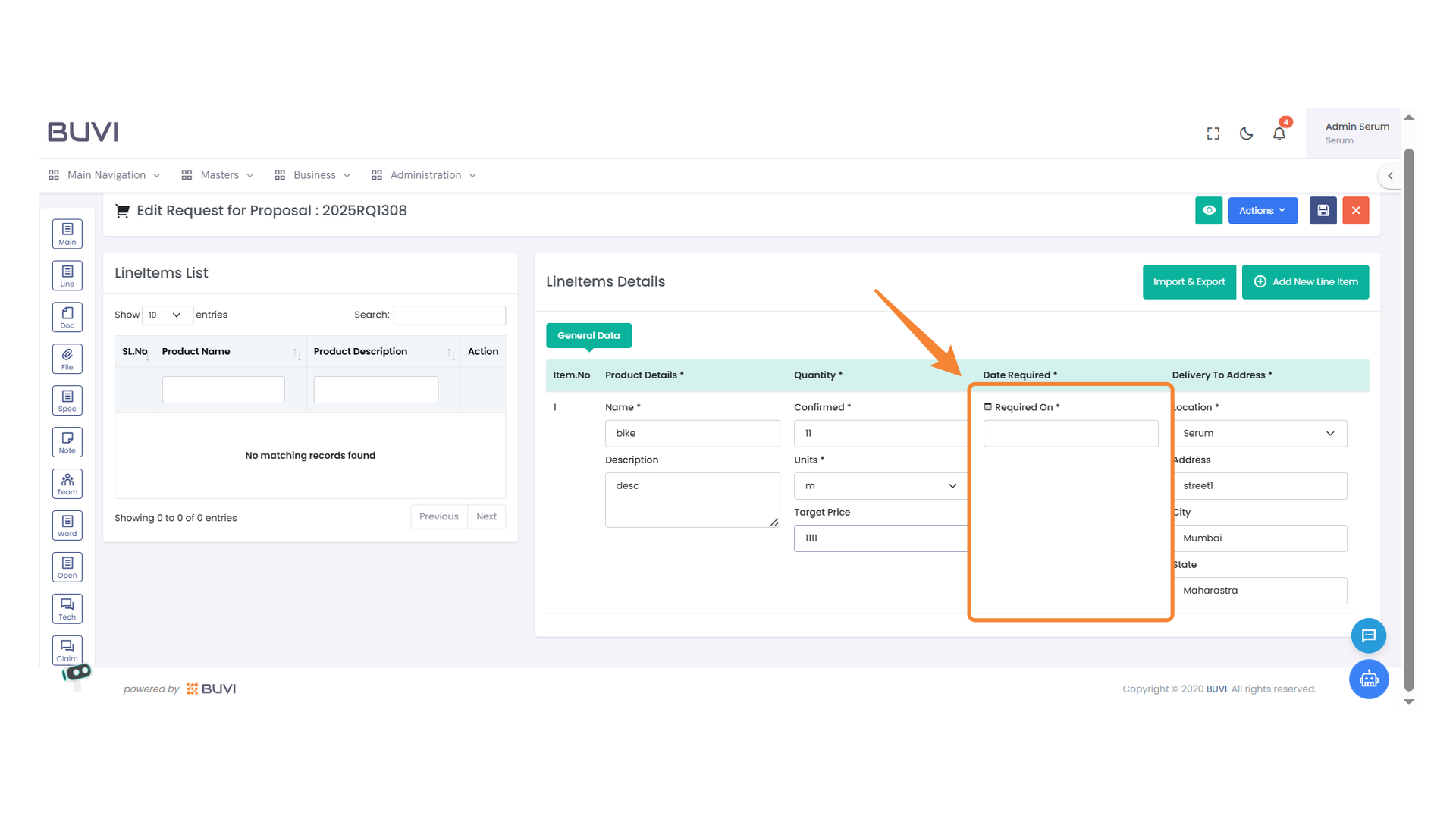 Date Required Section