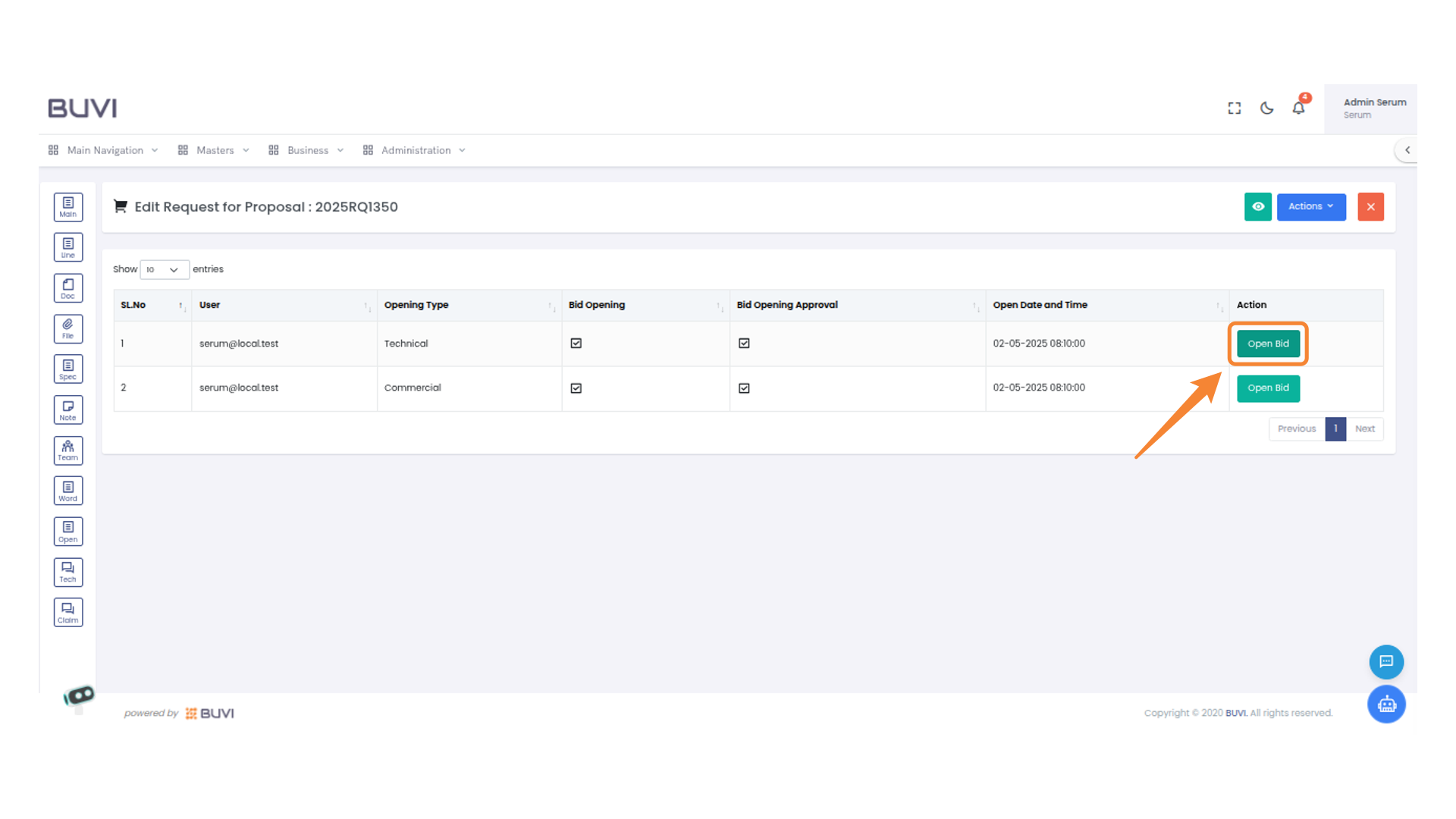 Open Bid Action Button