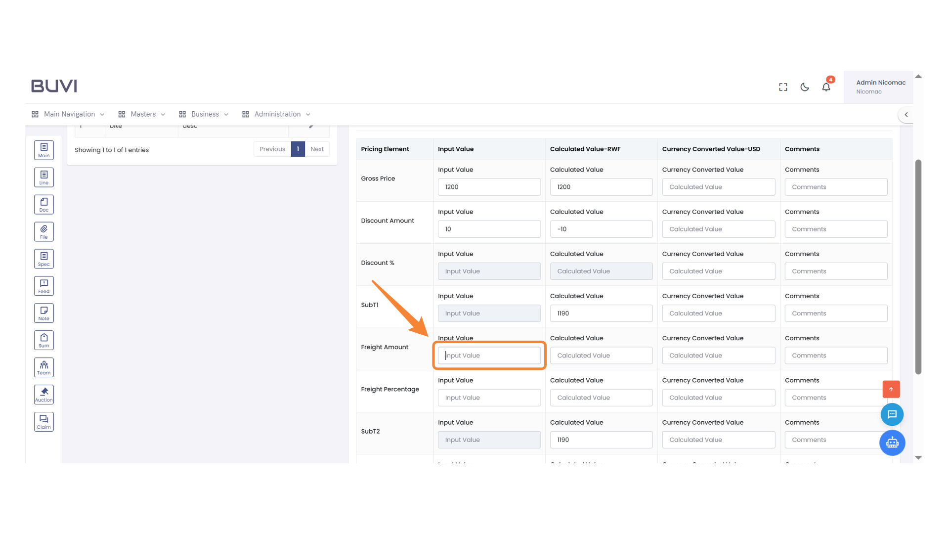 Freight Amount Input