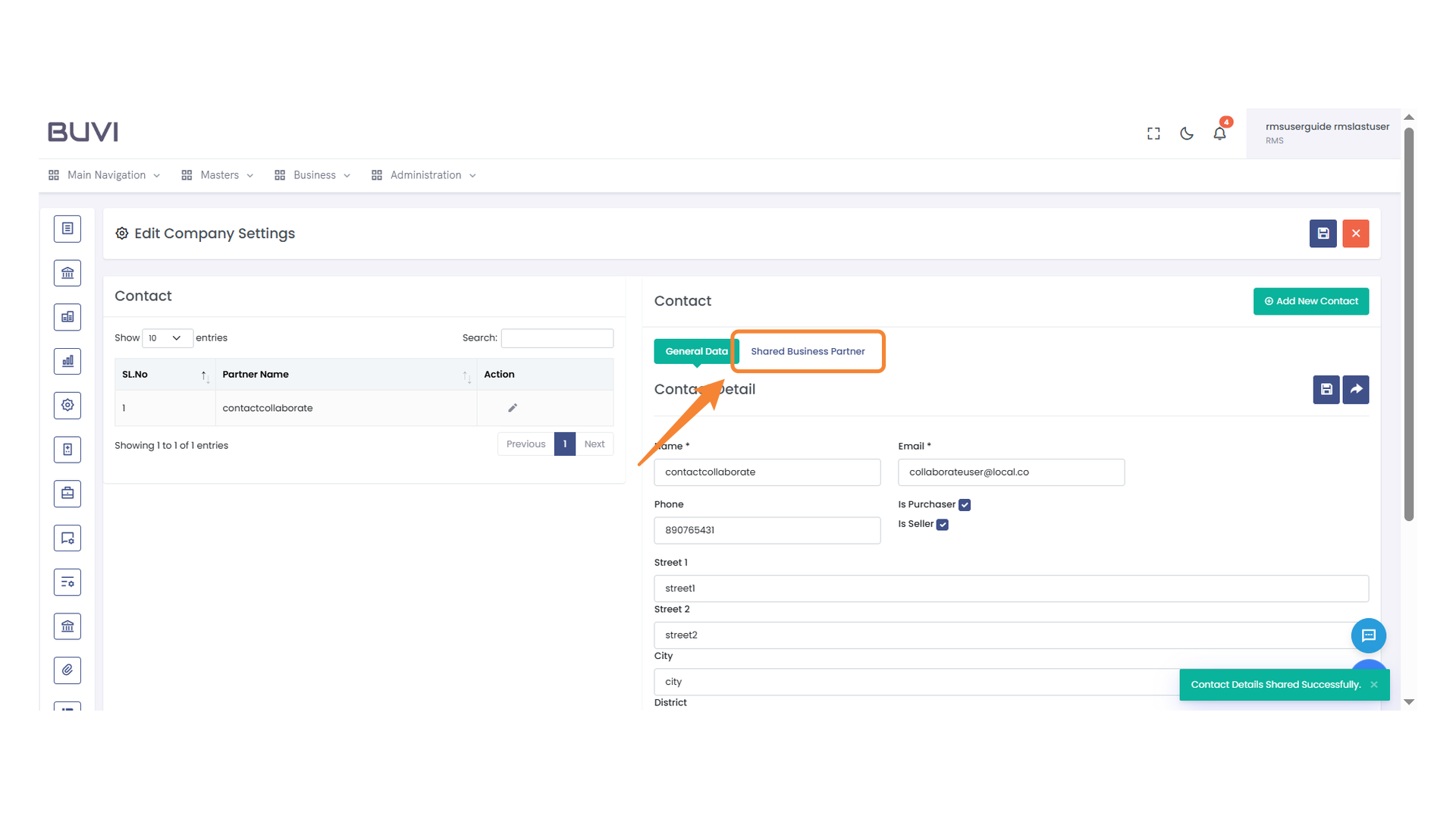 Shared Business Partner Tab Highlighted