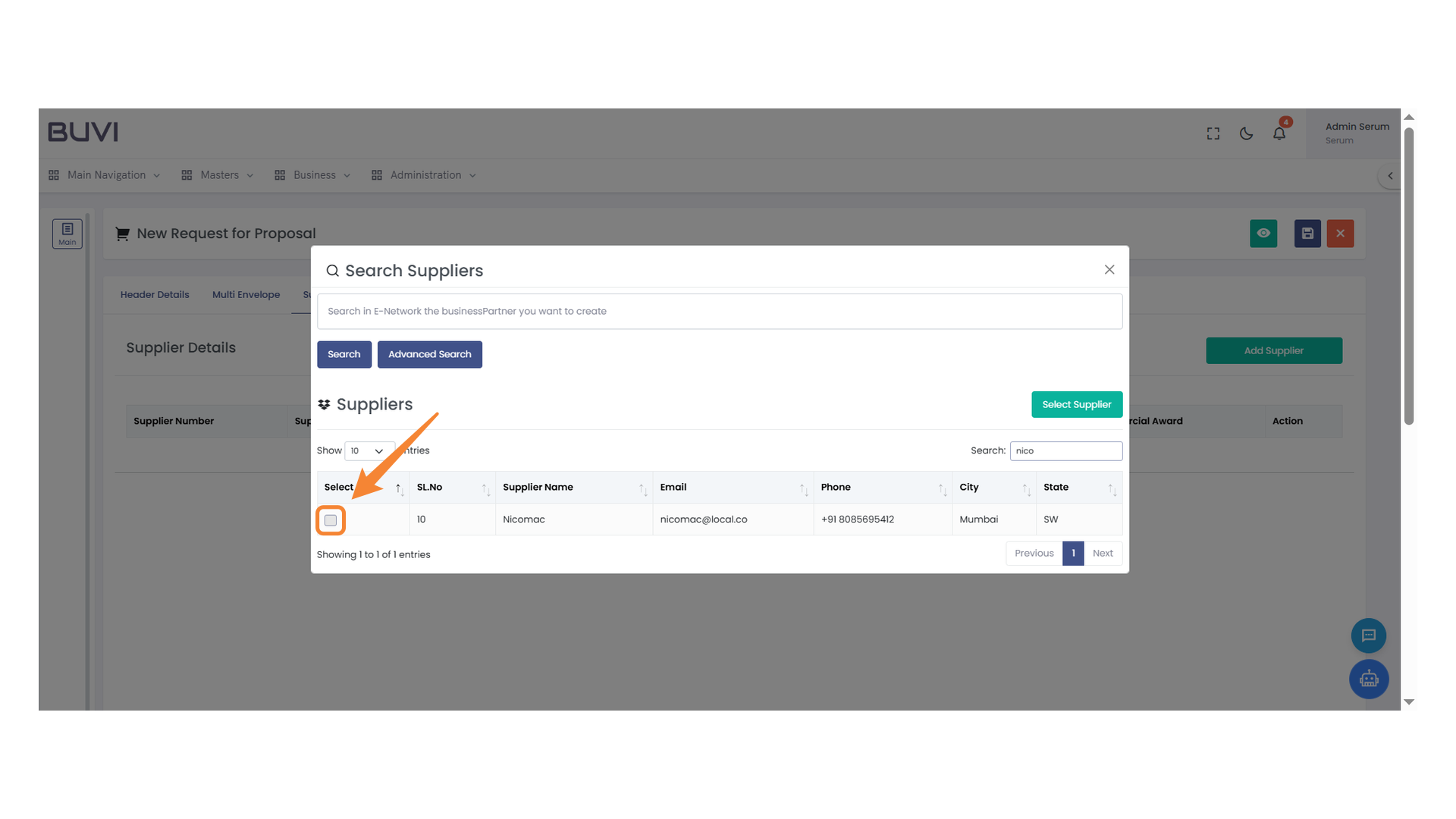 Supplier Selection Checkbox