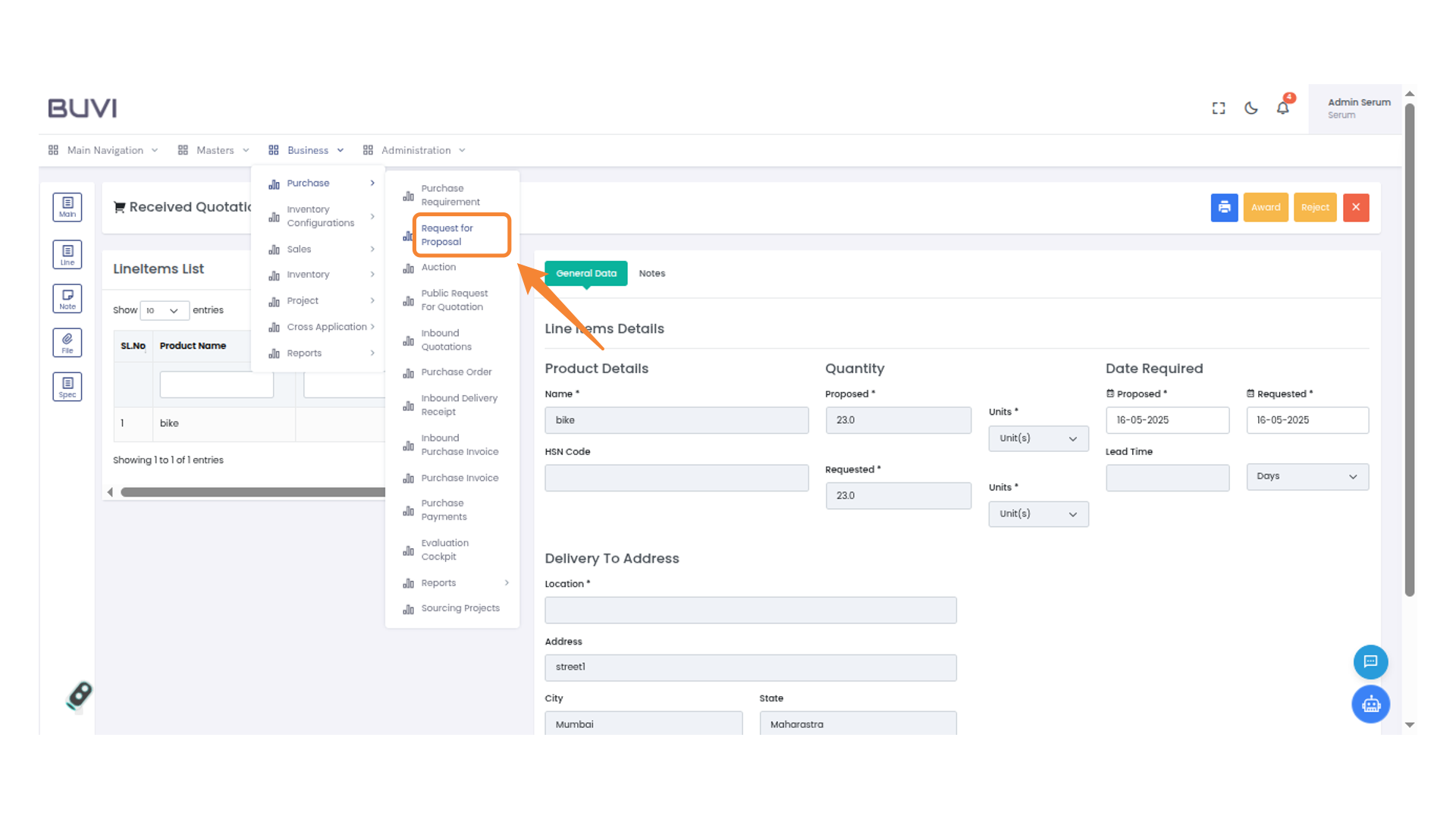 Request for Proposal Menu