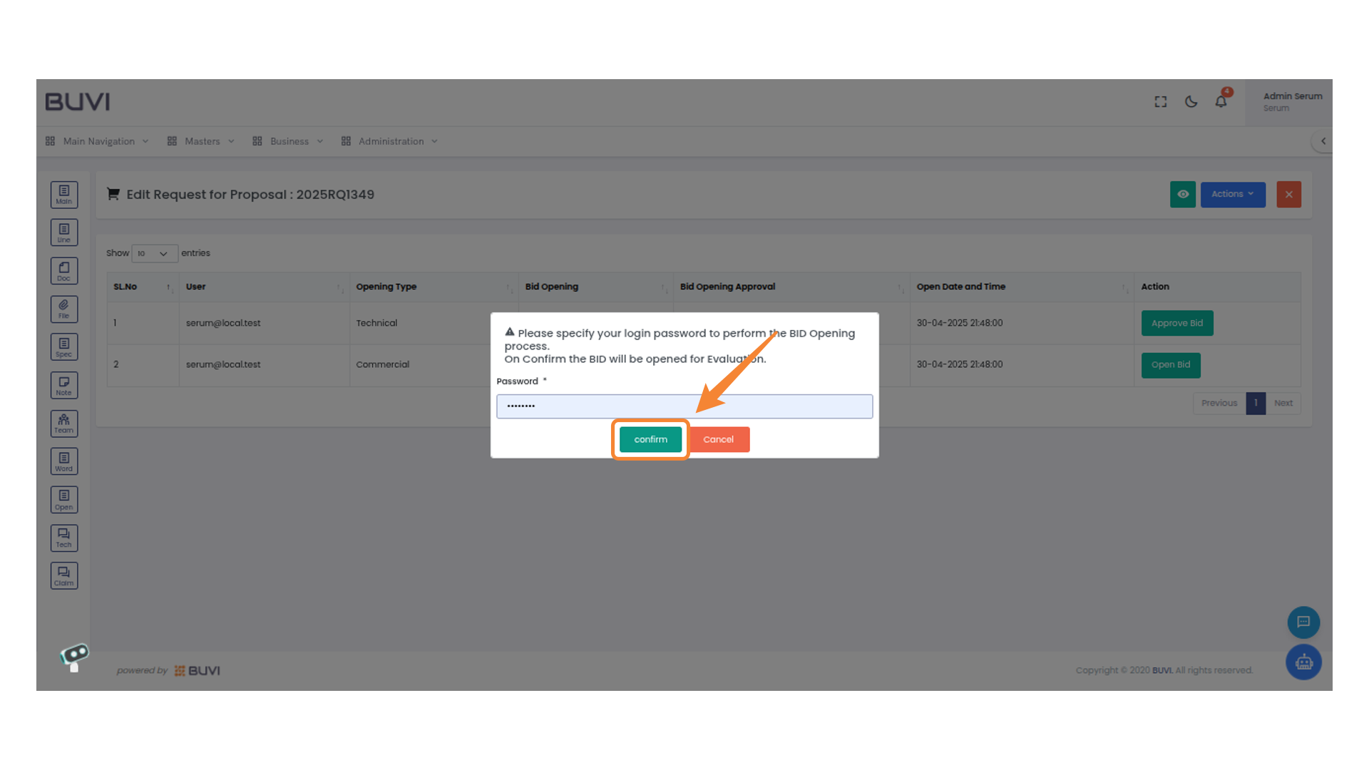Confirm Button in Bid Opening