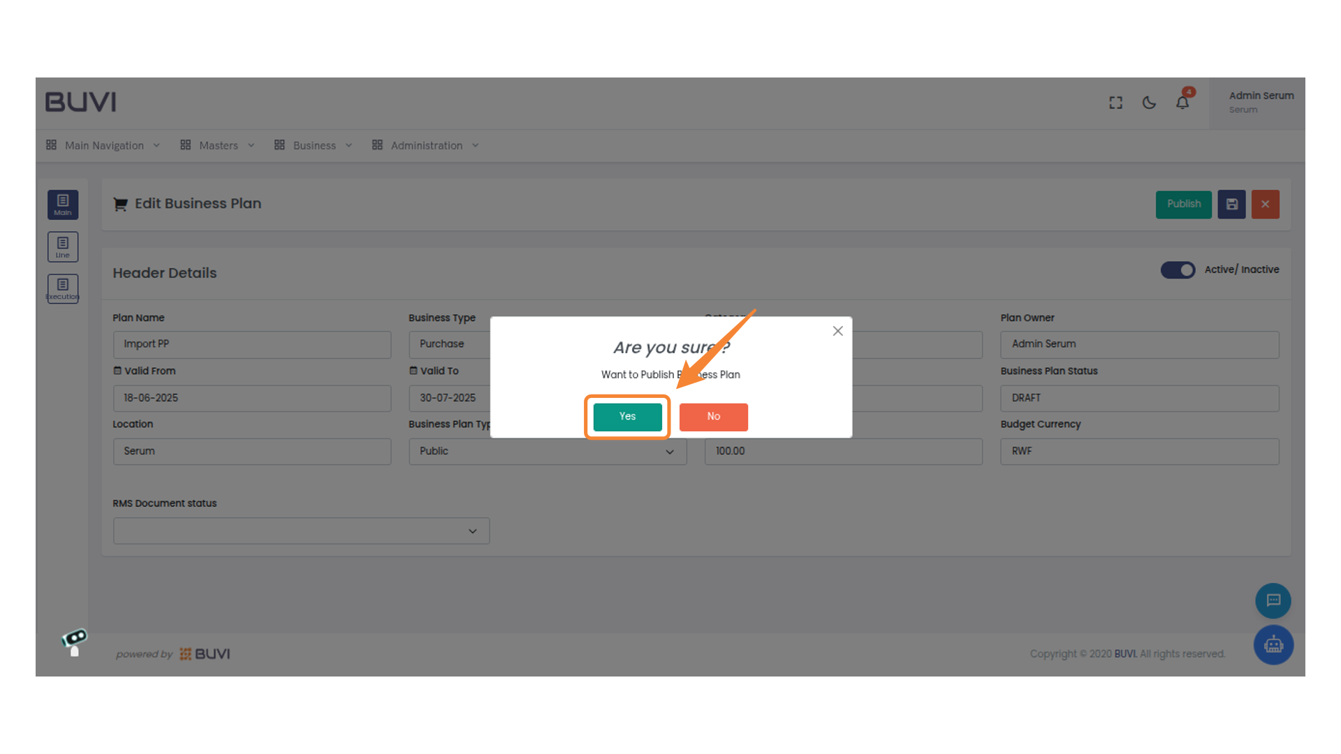 Confirm Publication of Business Plan