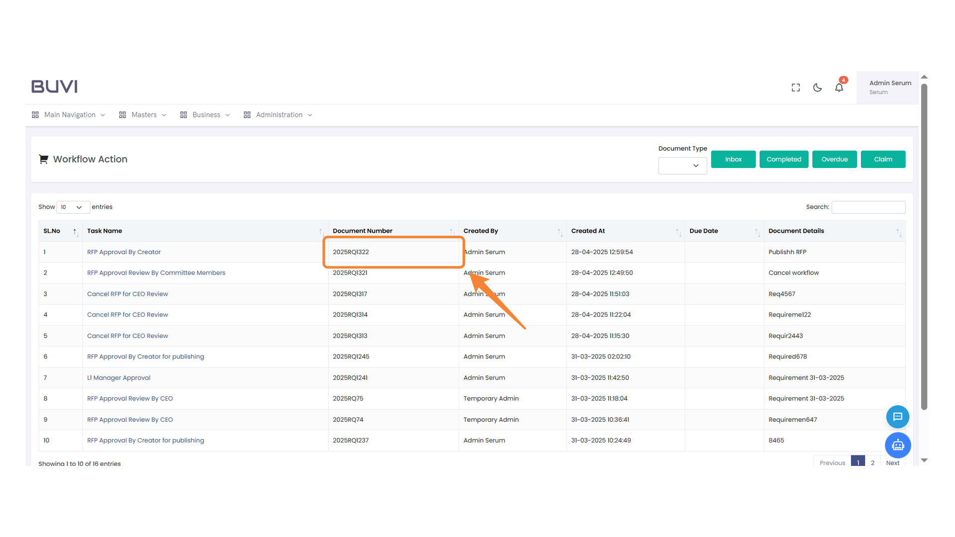 Document Number Highlighted