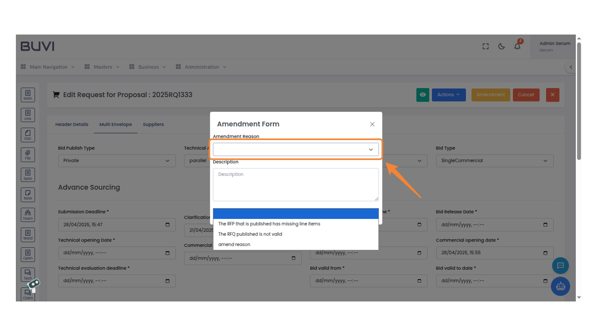 Amendment Reason Selection