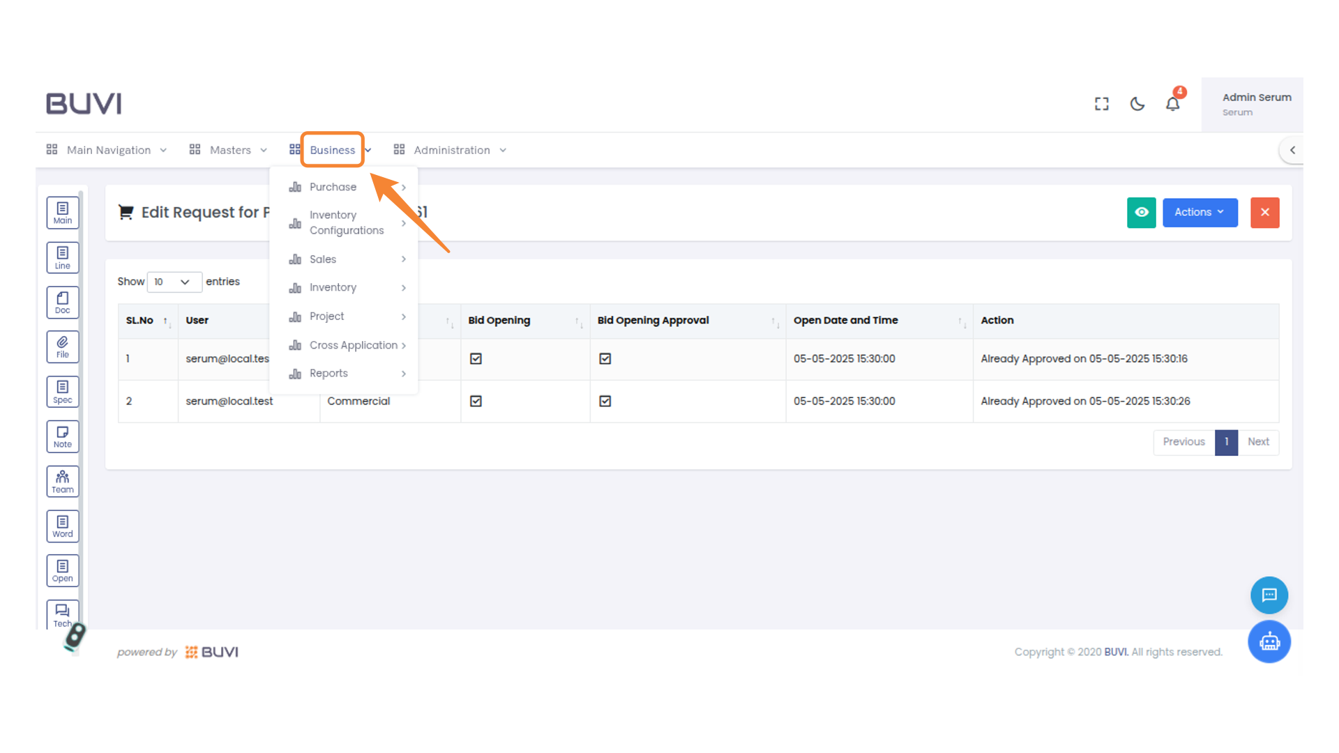 Business Menu Access