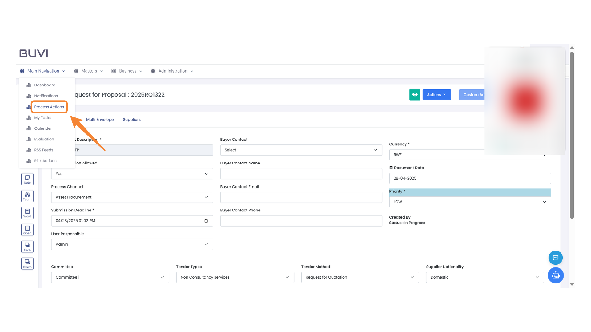 Process Actions Menu