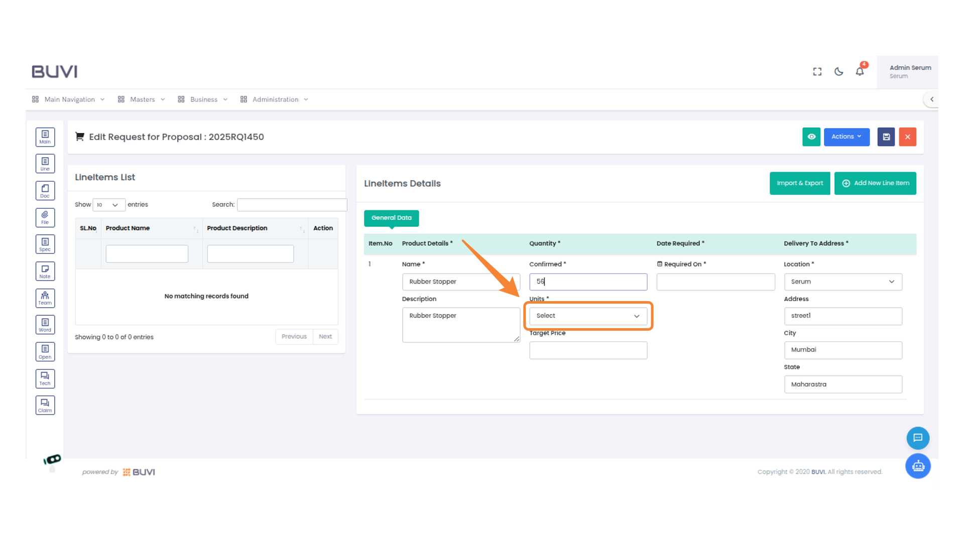 Select Units in Line Items