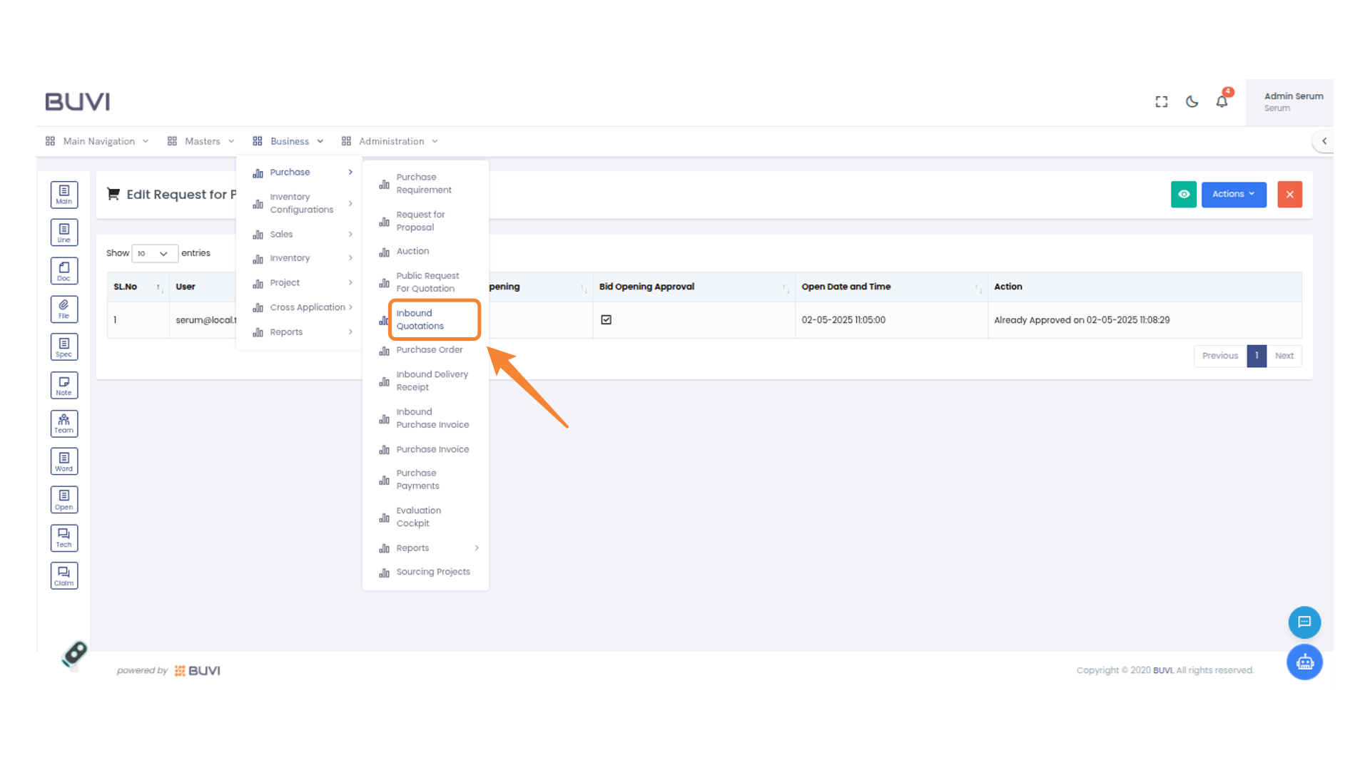 Inbound Quotations Menu