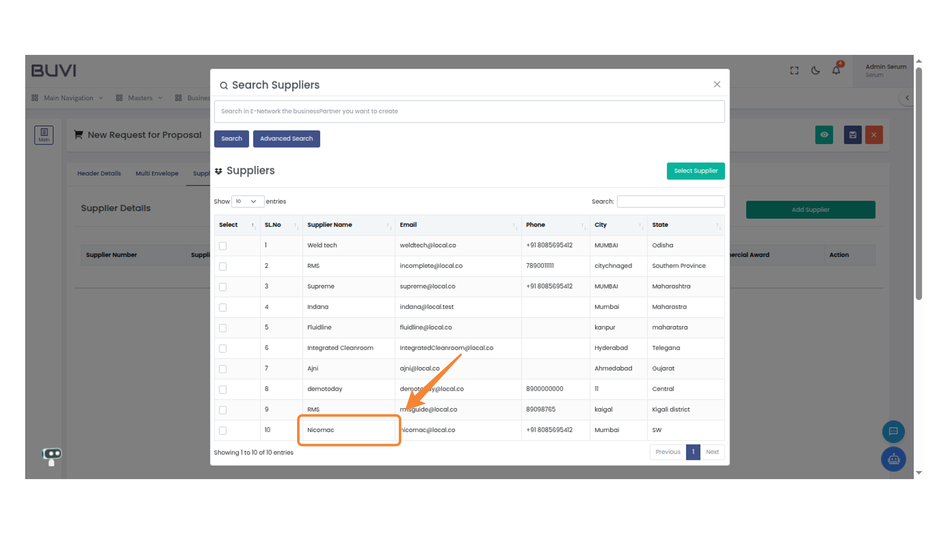 Supplier Name Selection