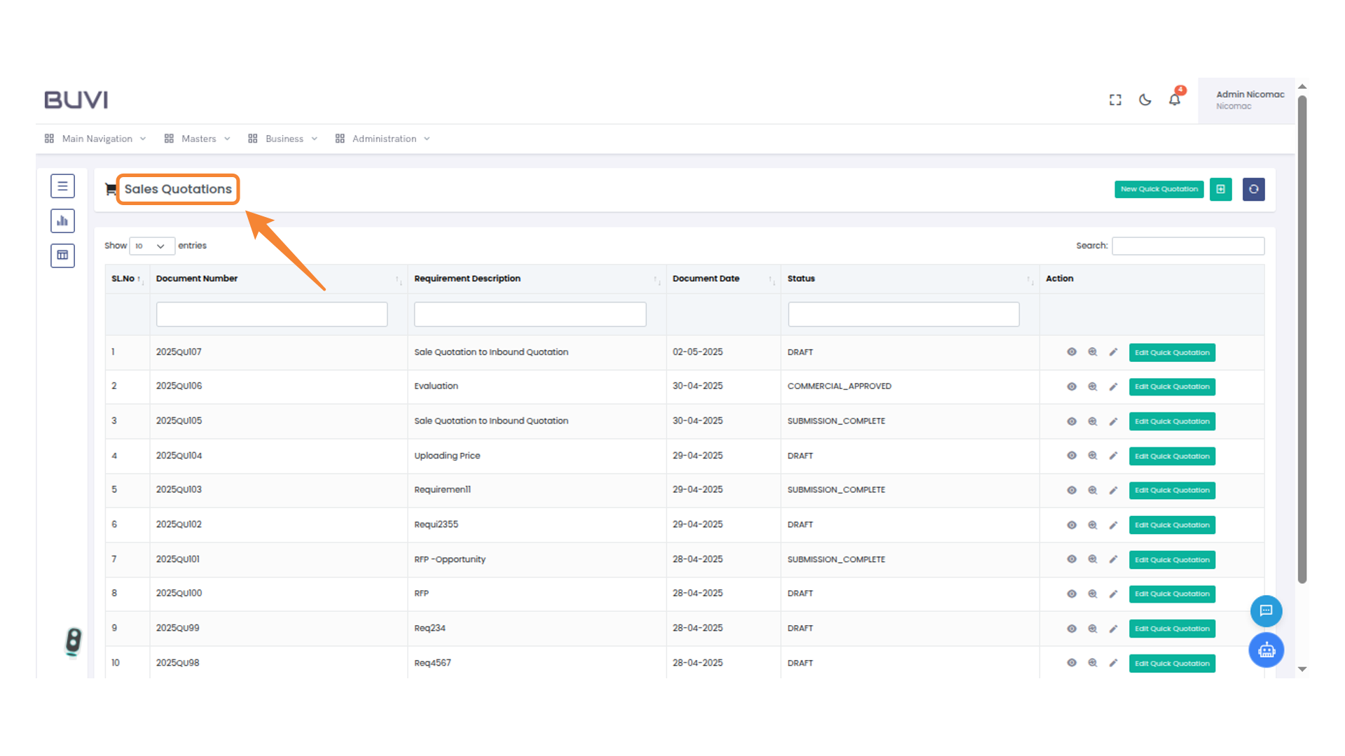 Sales Quotations Section