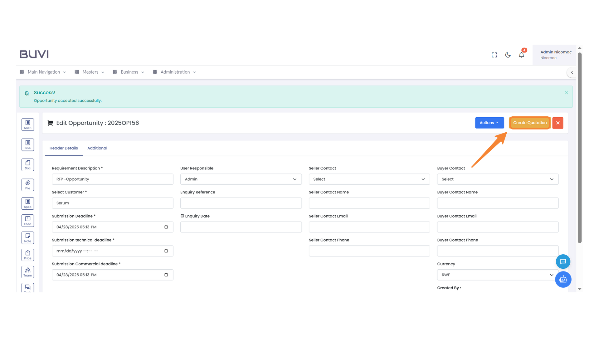 Quotation Creation Button