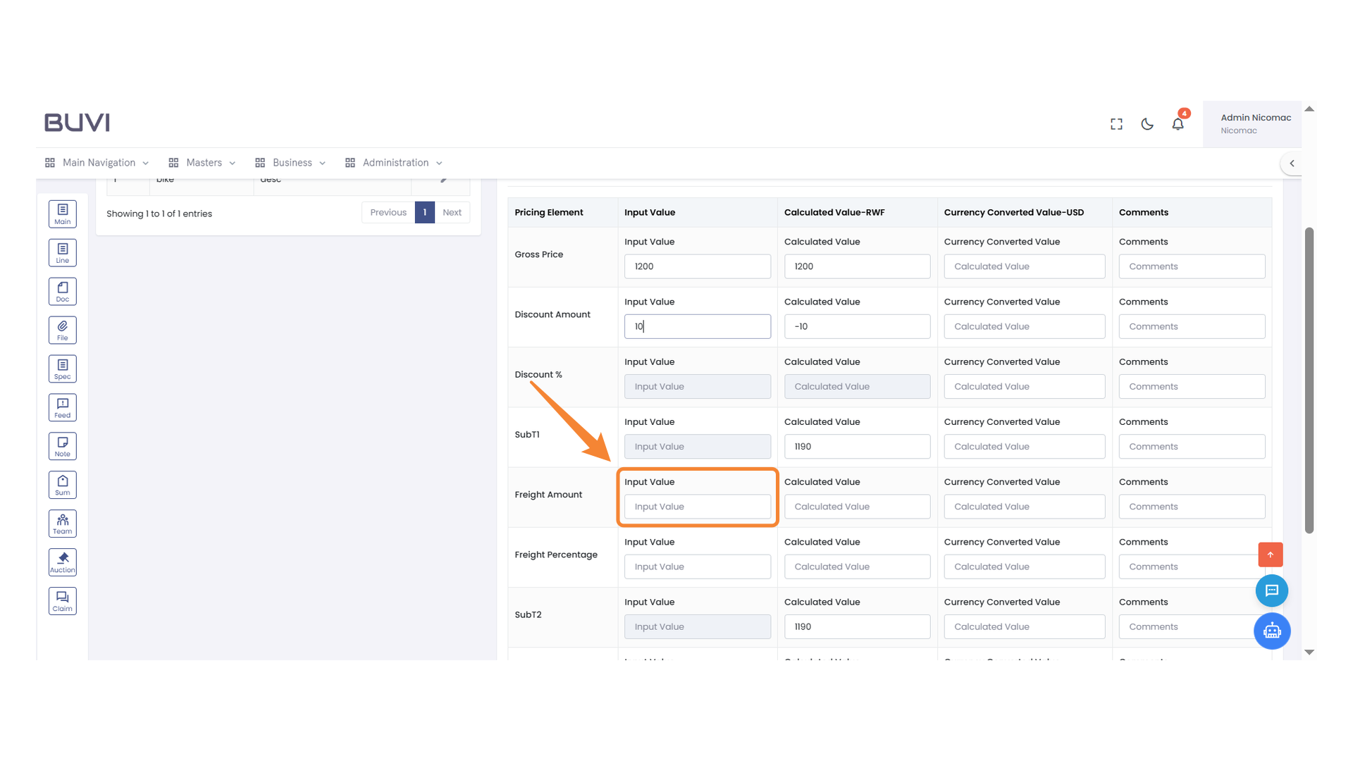 Freight Amount Input Section