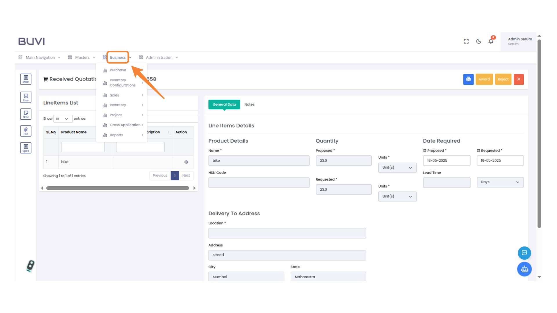 Business Menu Highlighted