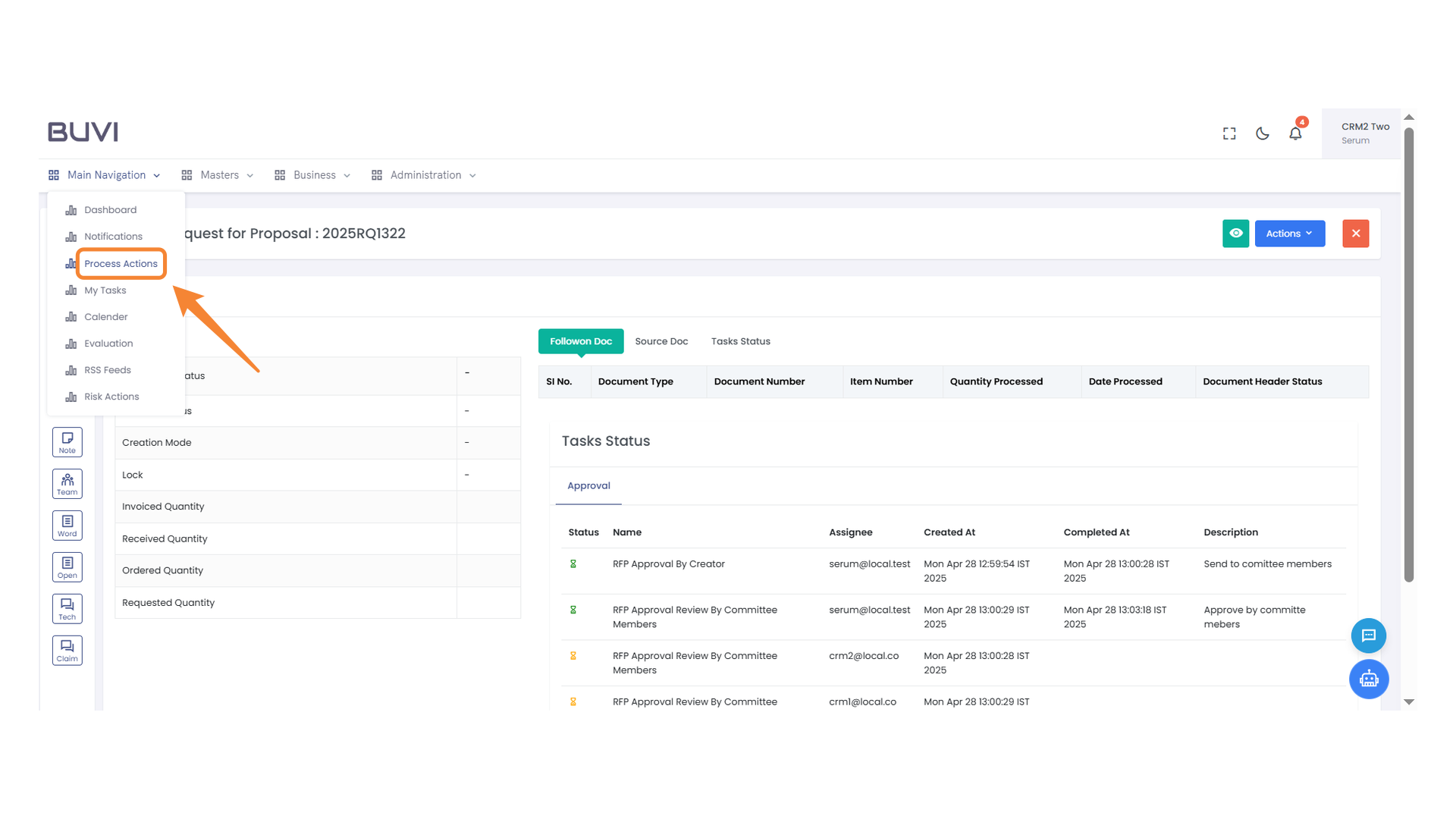 Process Actions Menu