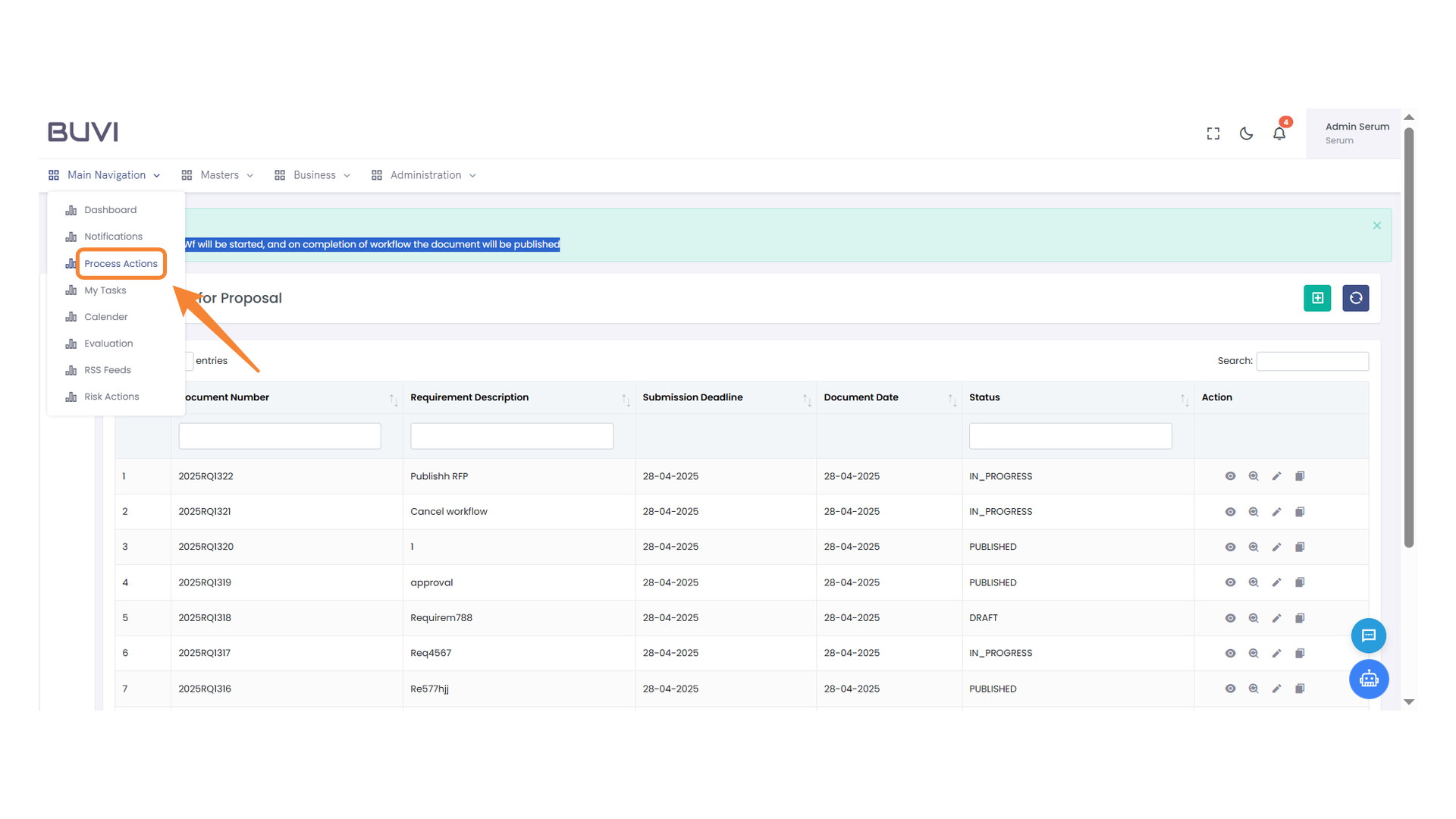 Process Actions Menu