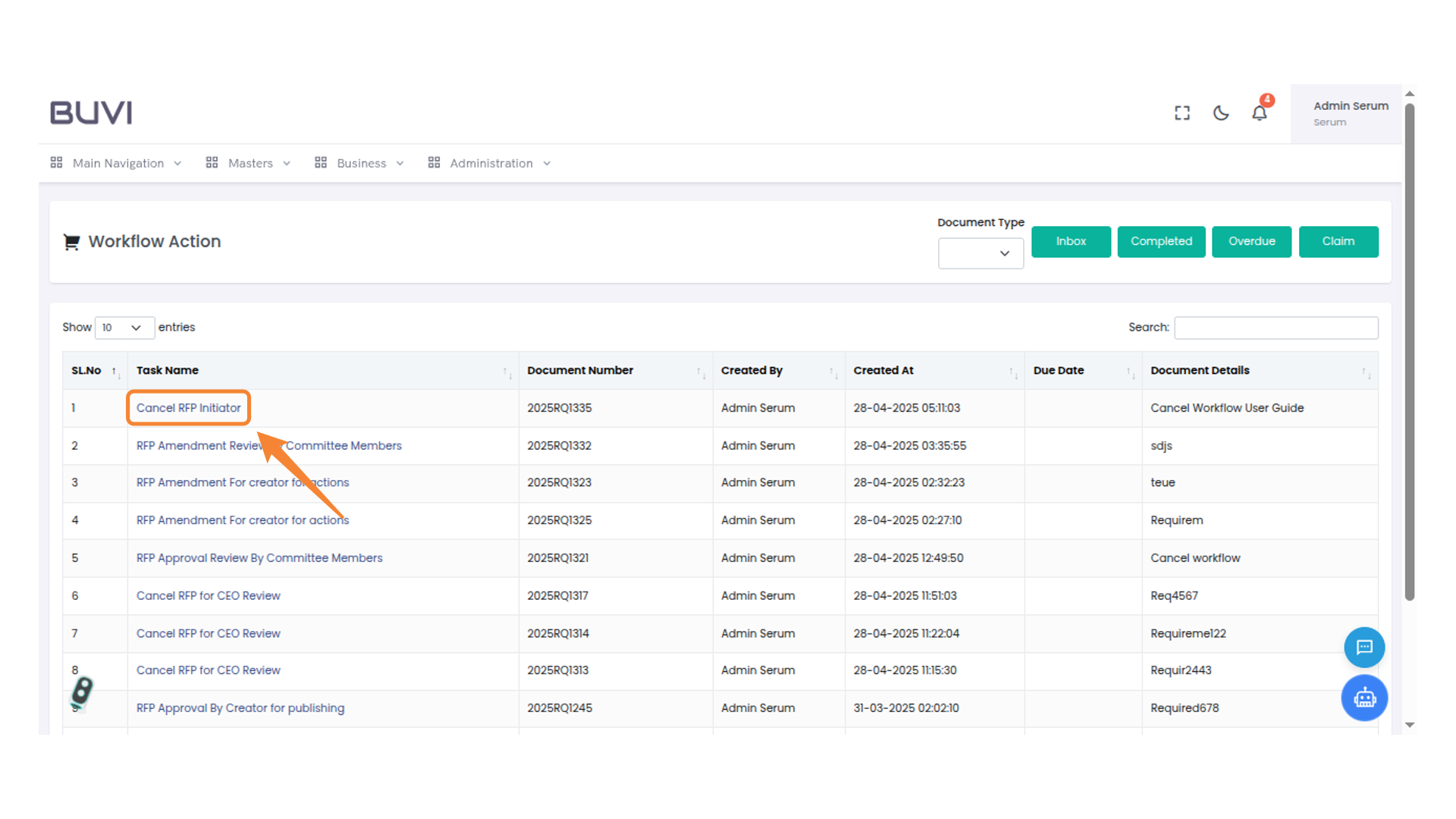 Cancel RFP Task Highlighted