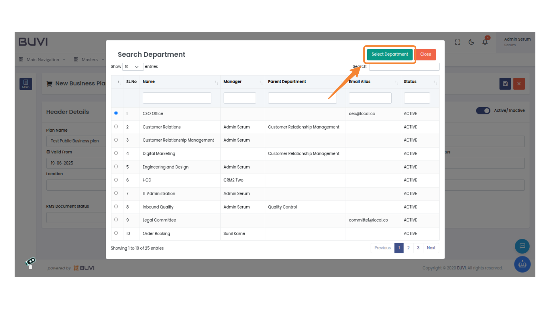 Select Department Action