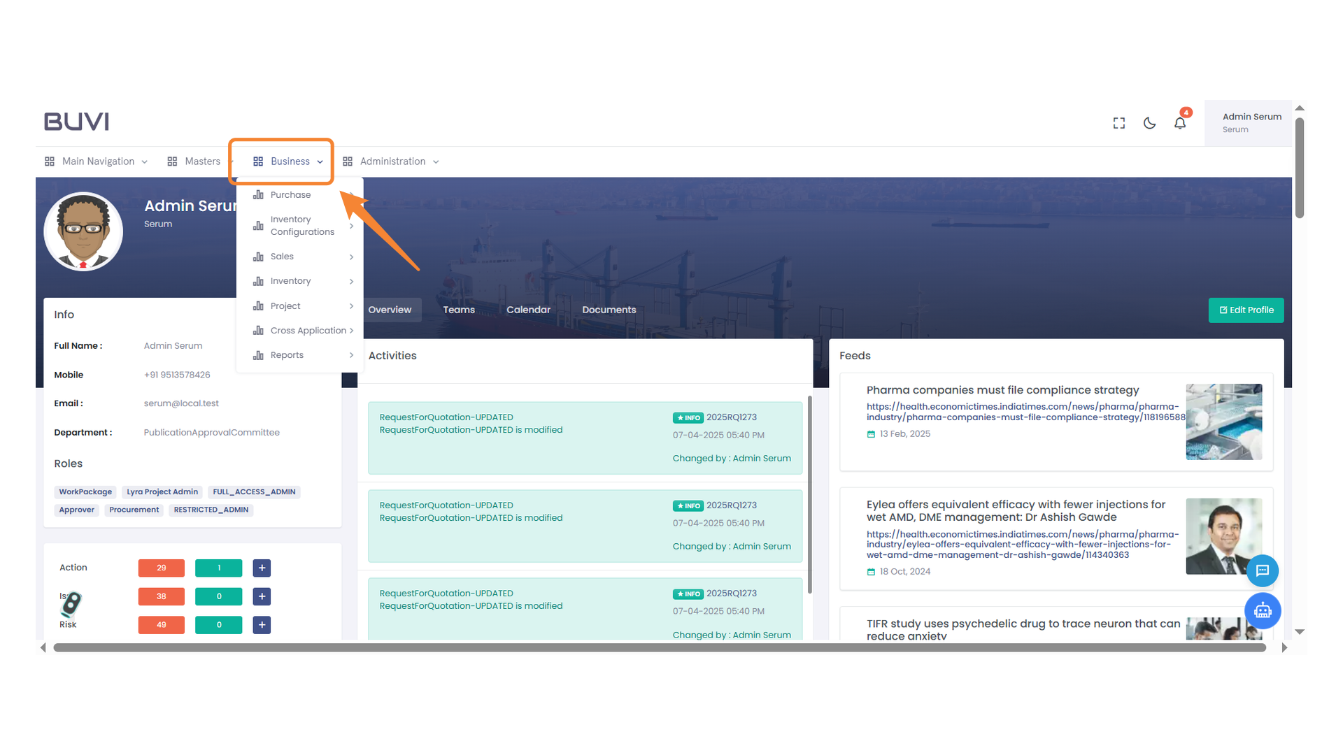 Log in and Navigate to Business Menu Dropdown