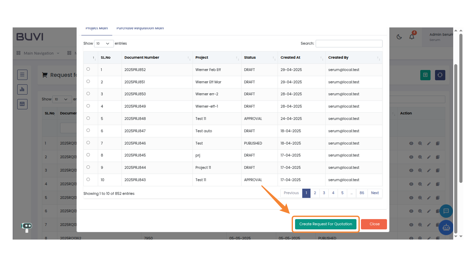 Create Request For Quotation Button