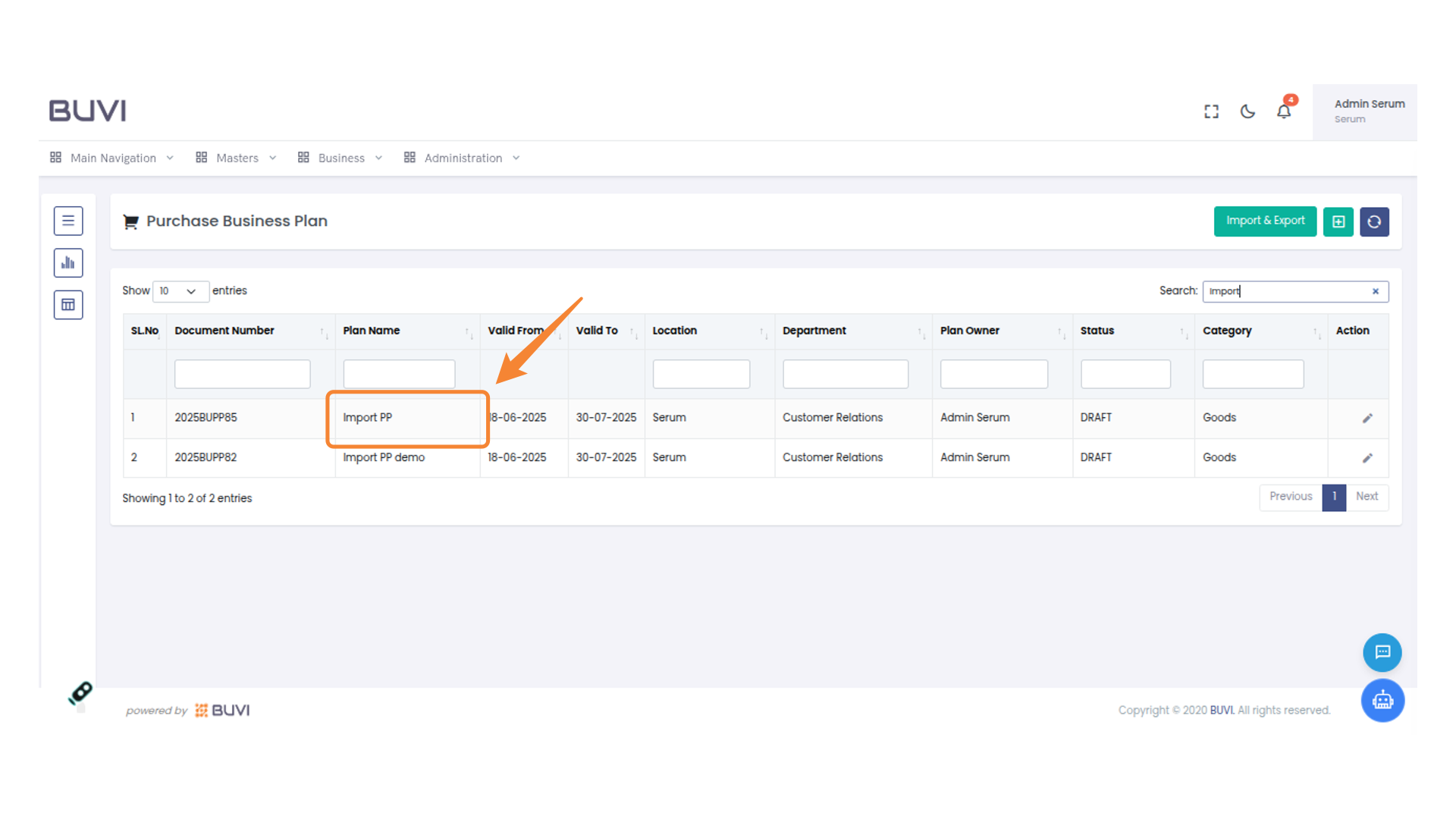 Import Business Plan Selection