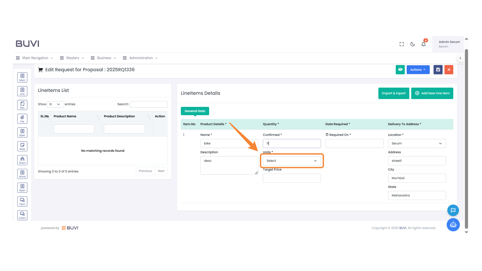 Units Selection Dropdown