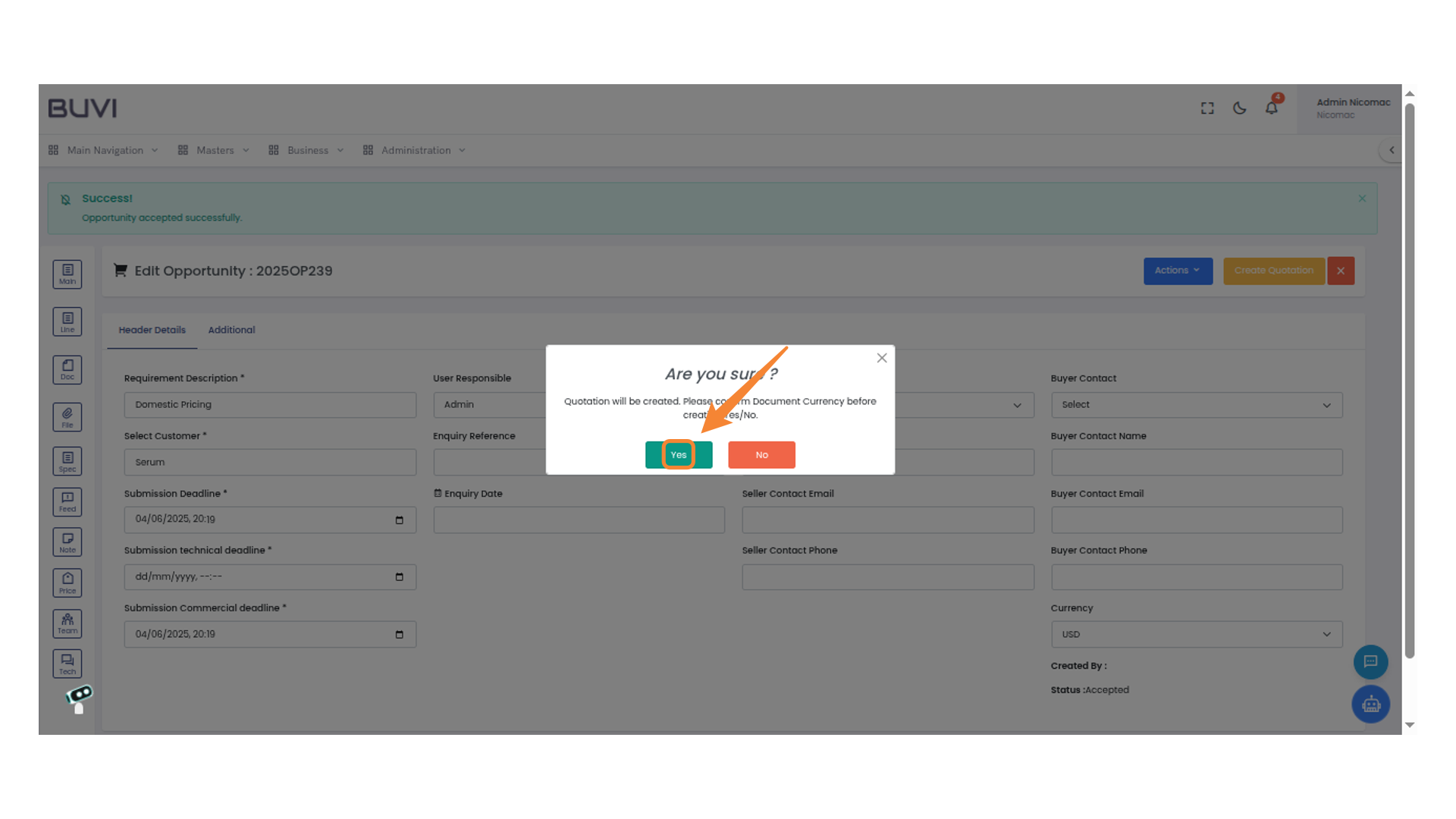 Confirm Quotation Creation