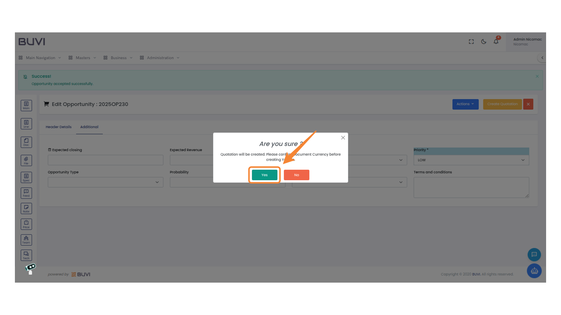 Confirm Creation of Quotation