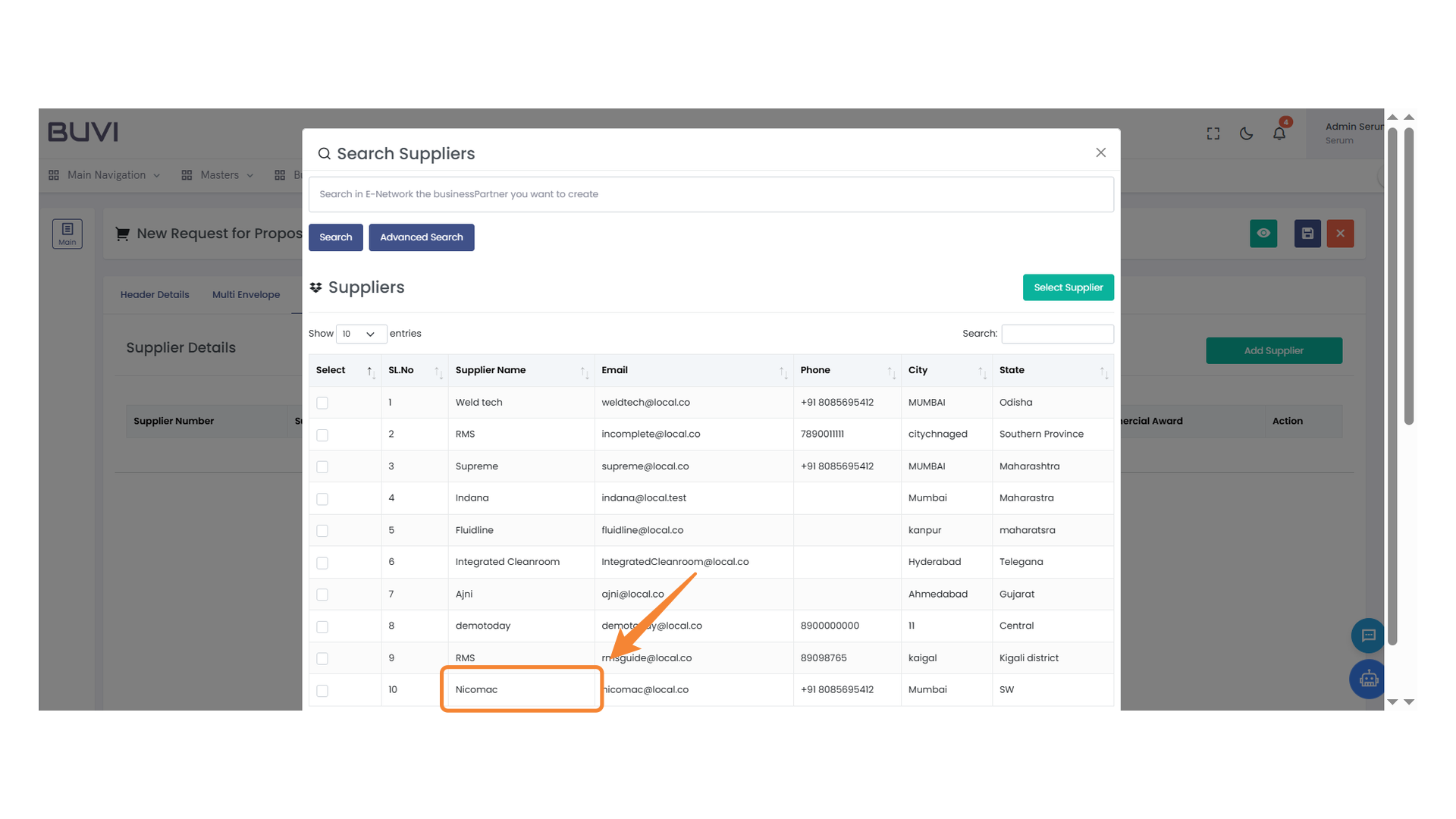 Highlighted Supplier Entry