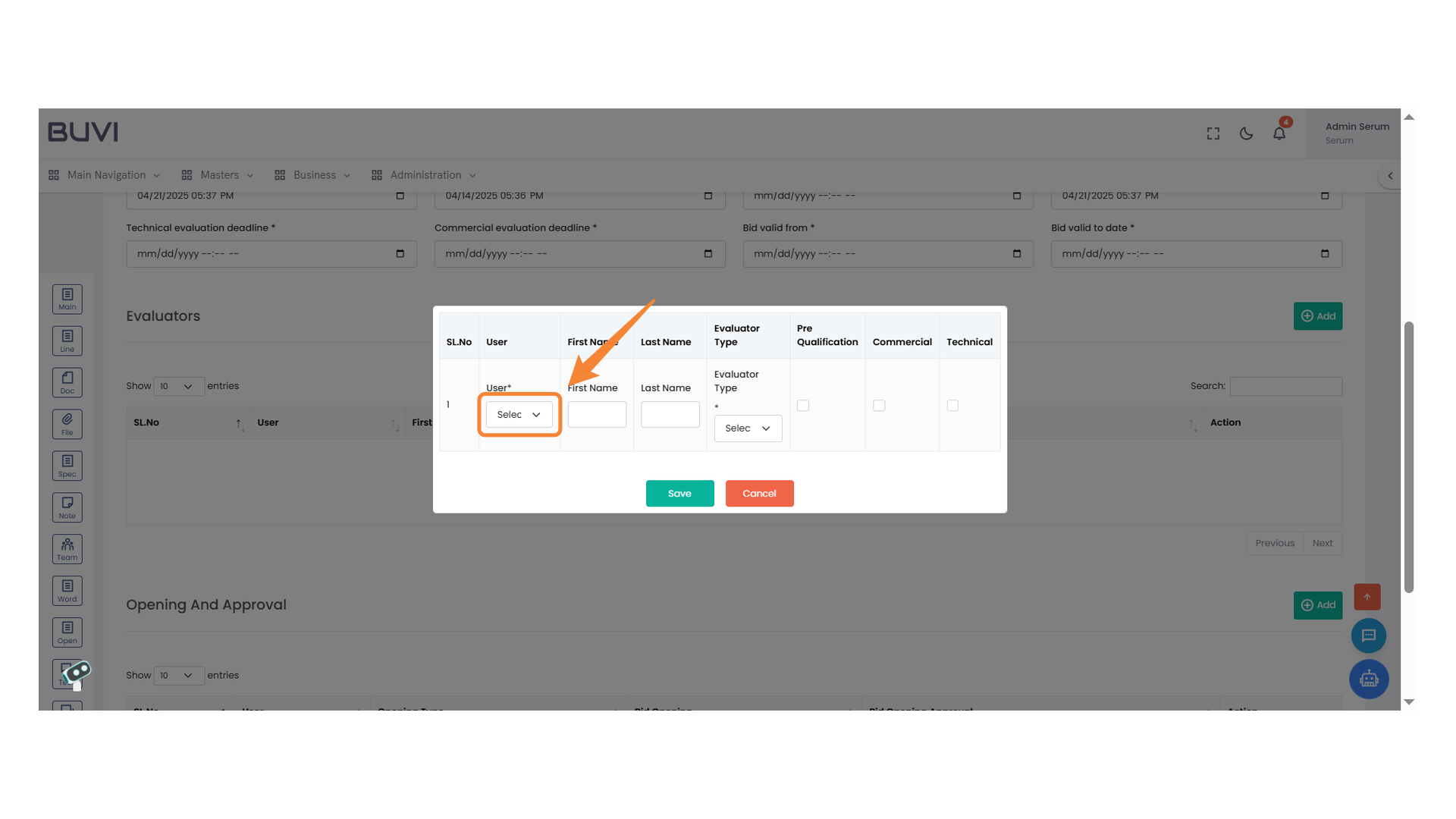 User Selection Dropdown Menu
