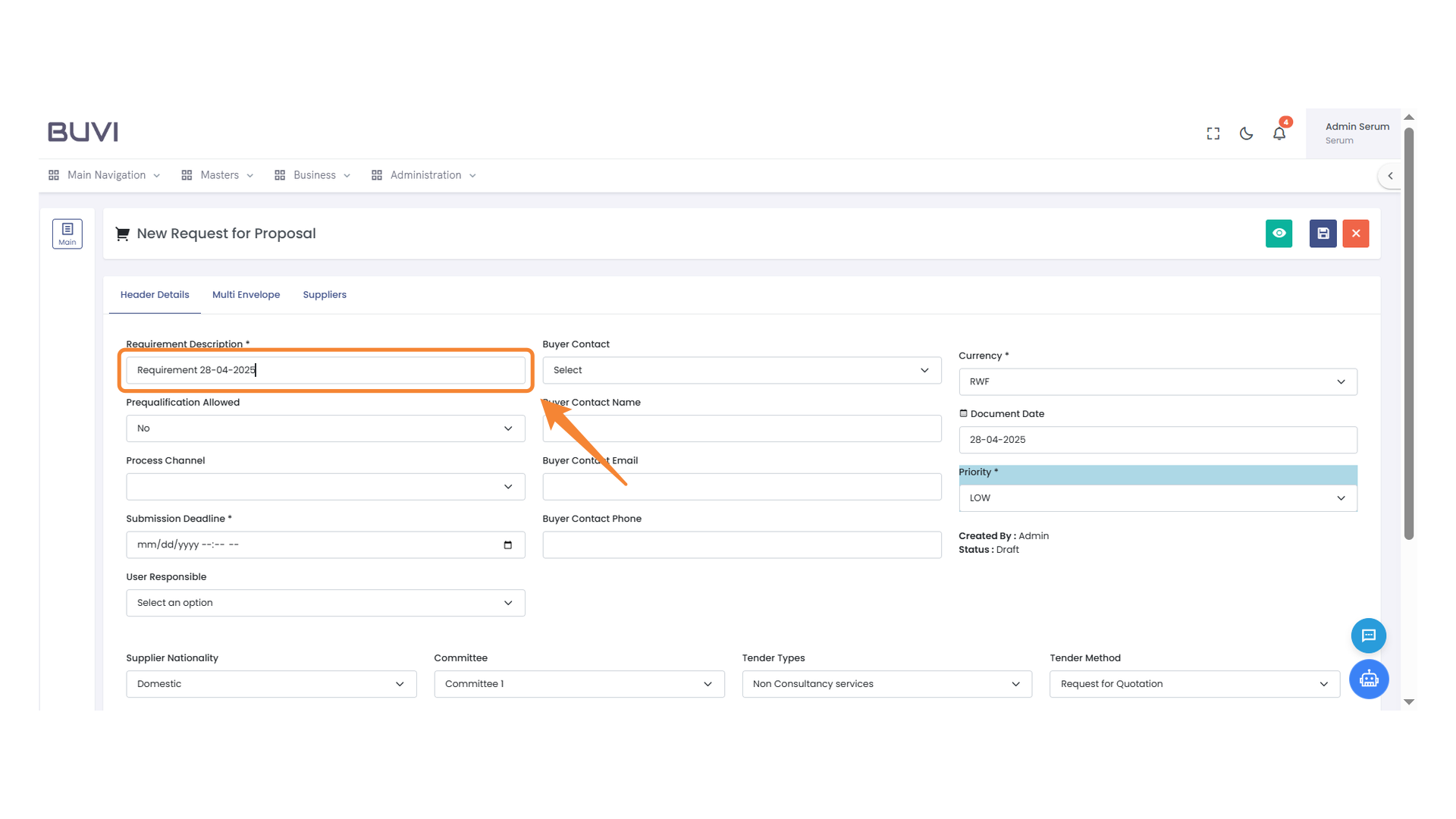 Requirement Description Input Field