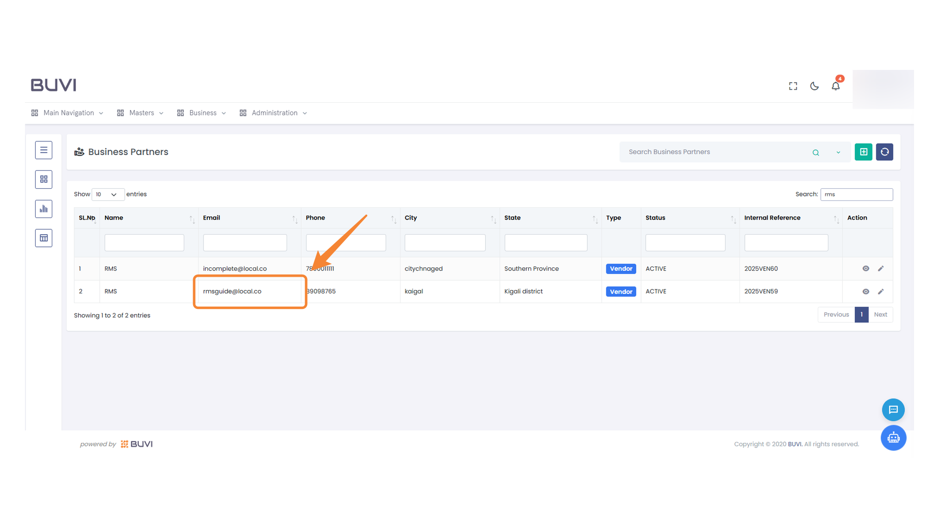 Highlighted Email Entry