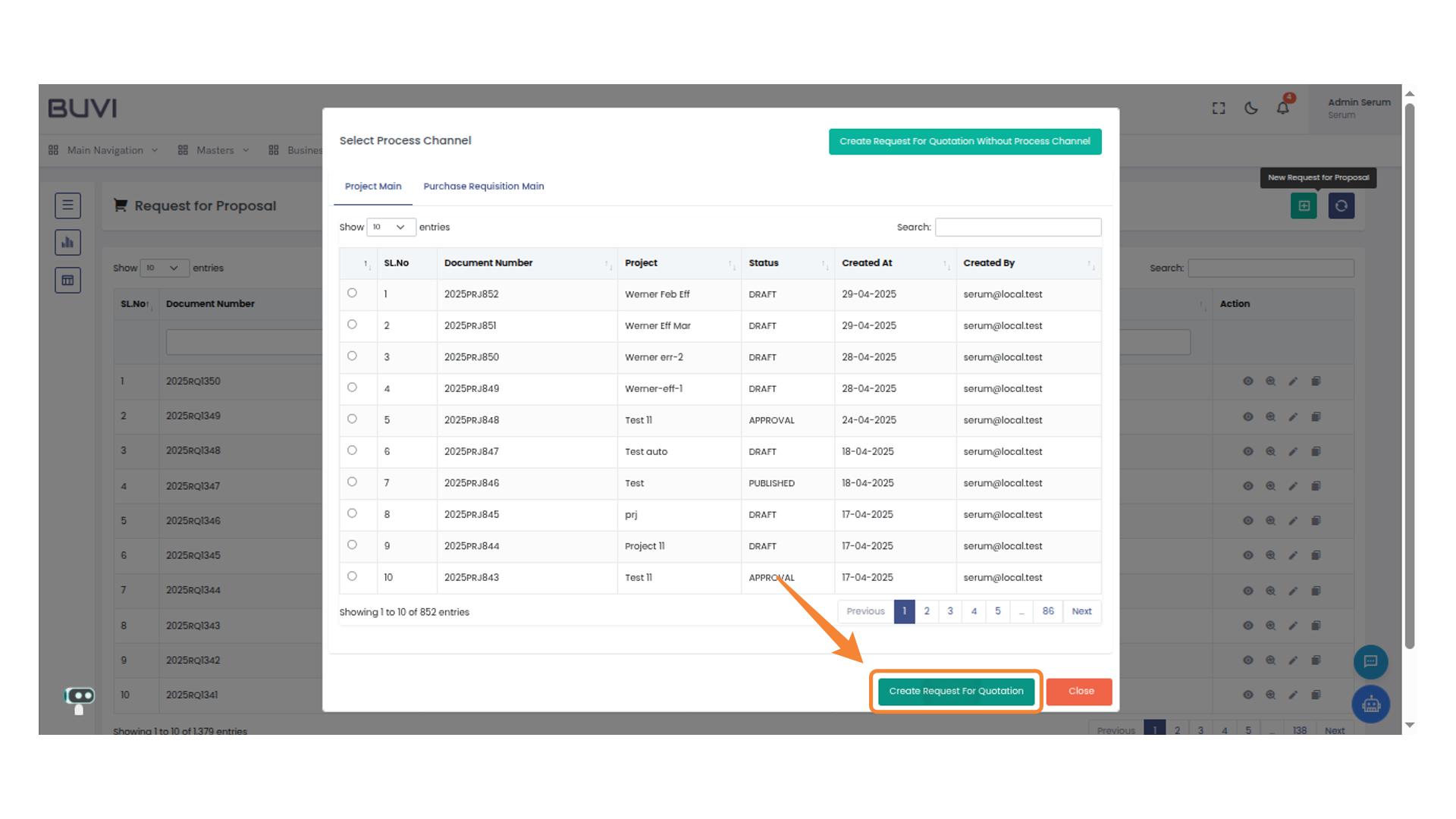 Create Request for Quotation Button
