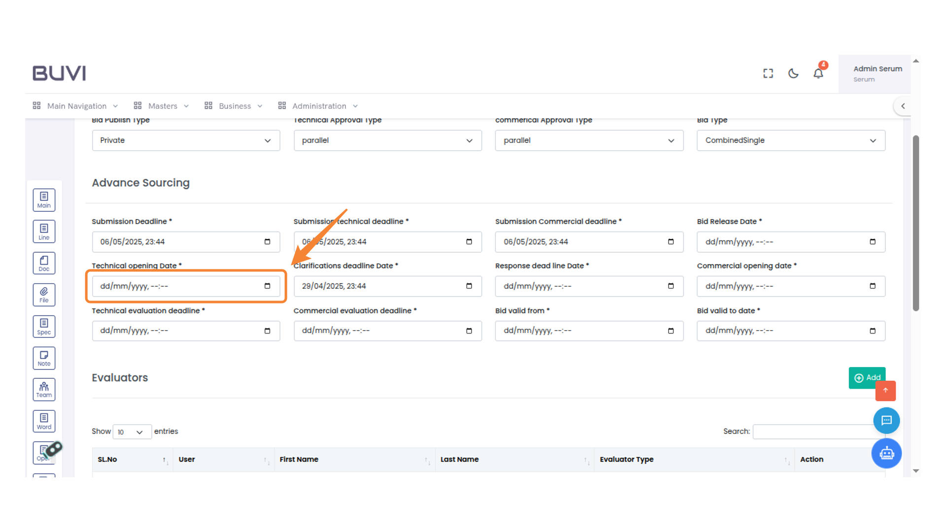 Specify Technical Opening Date