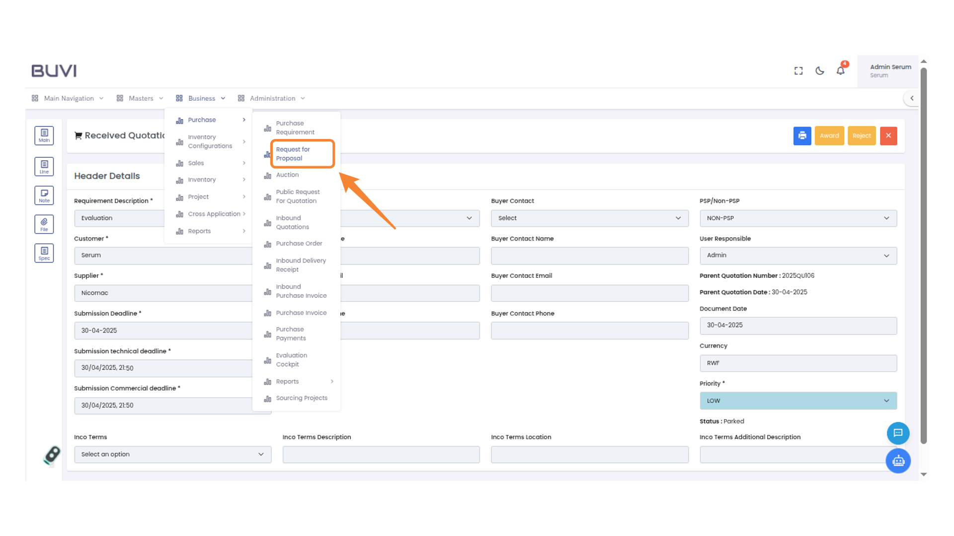 Request for Proposal Menu Option