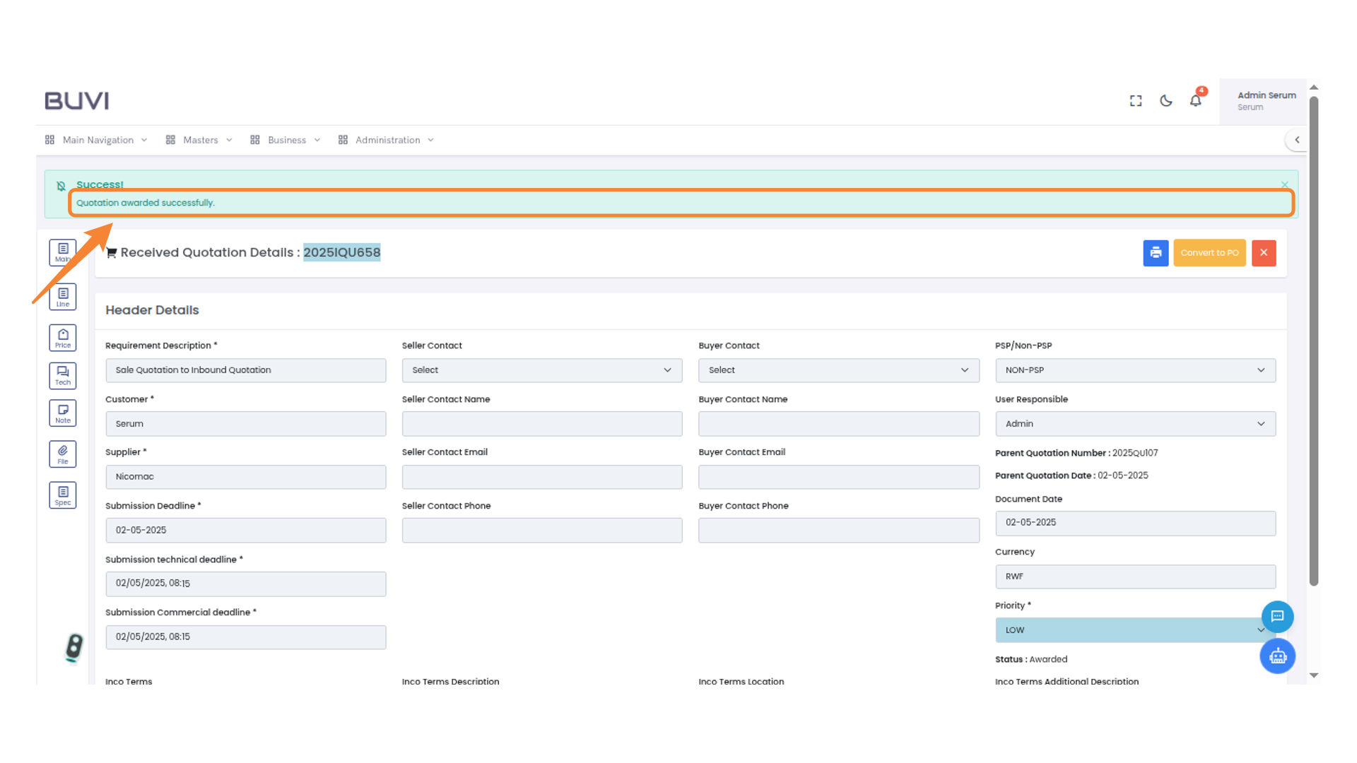 Quotation Award Notification