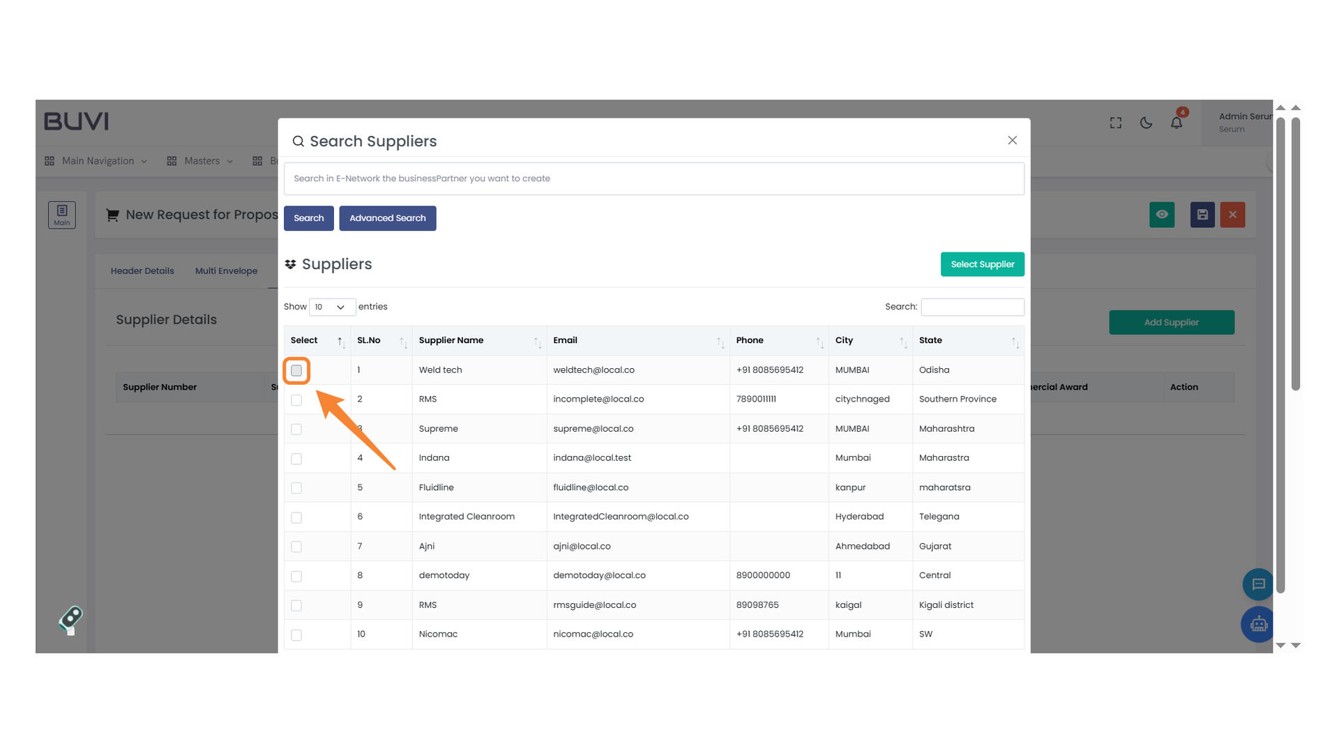 Supplier Selection Checkbox