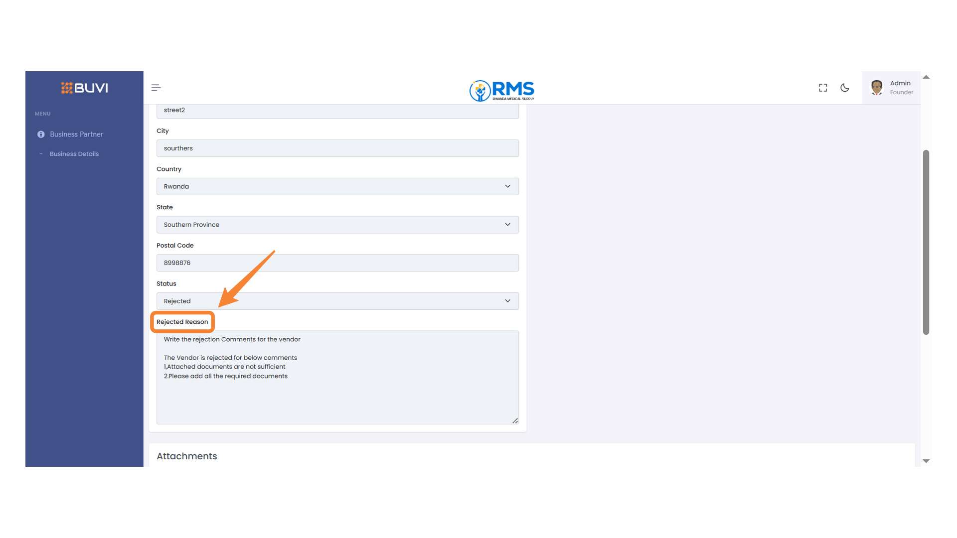 Vendor Rejection Section